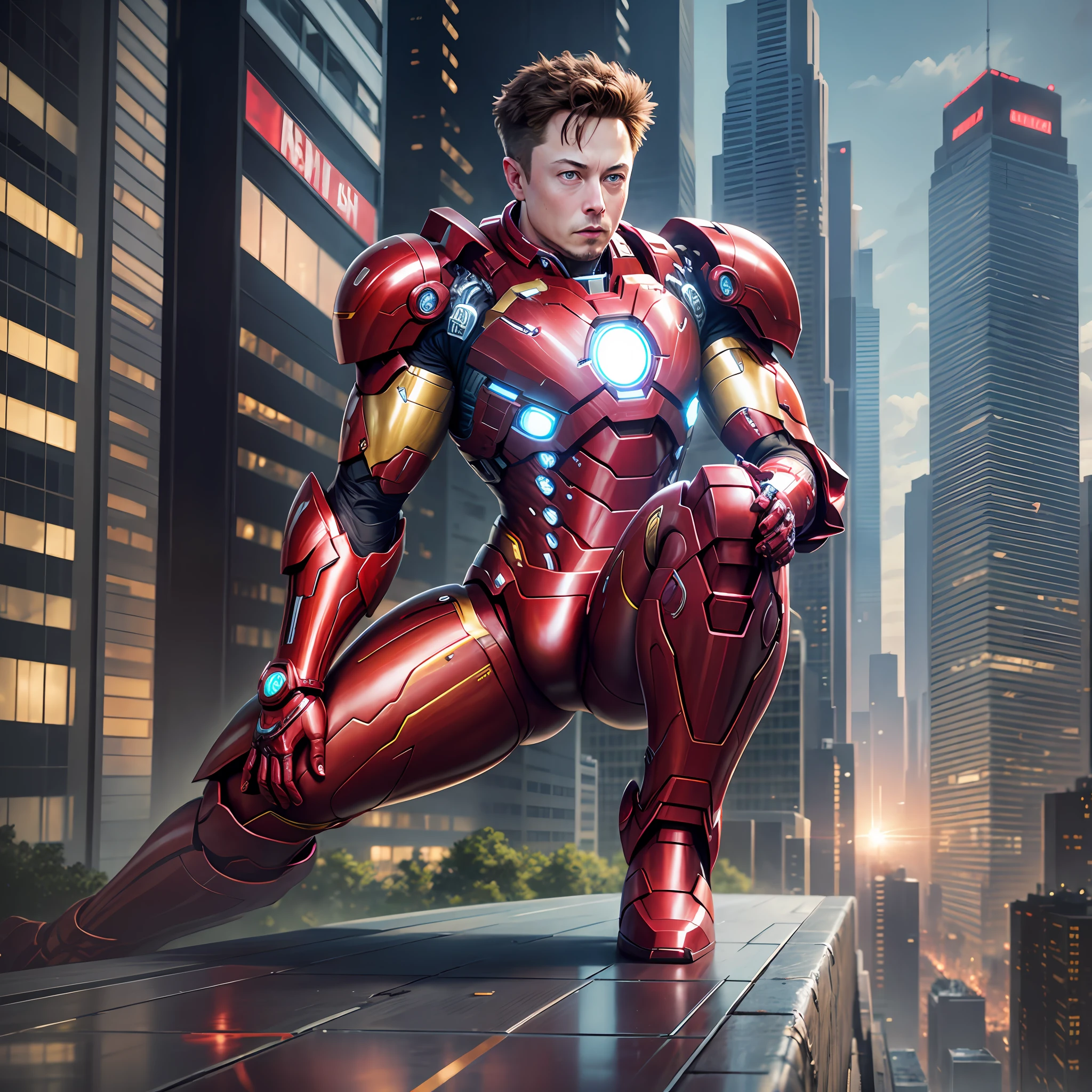 Elon Musk in an Iron Man outfit in a cyberpunk city, with ultra-realistic details --auto --s2