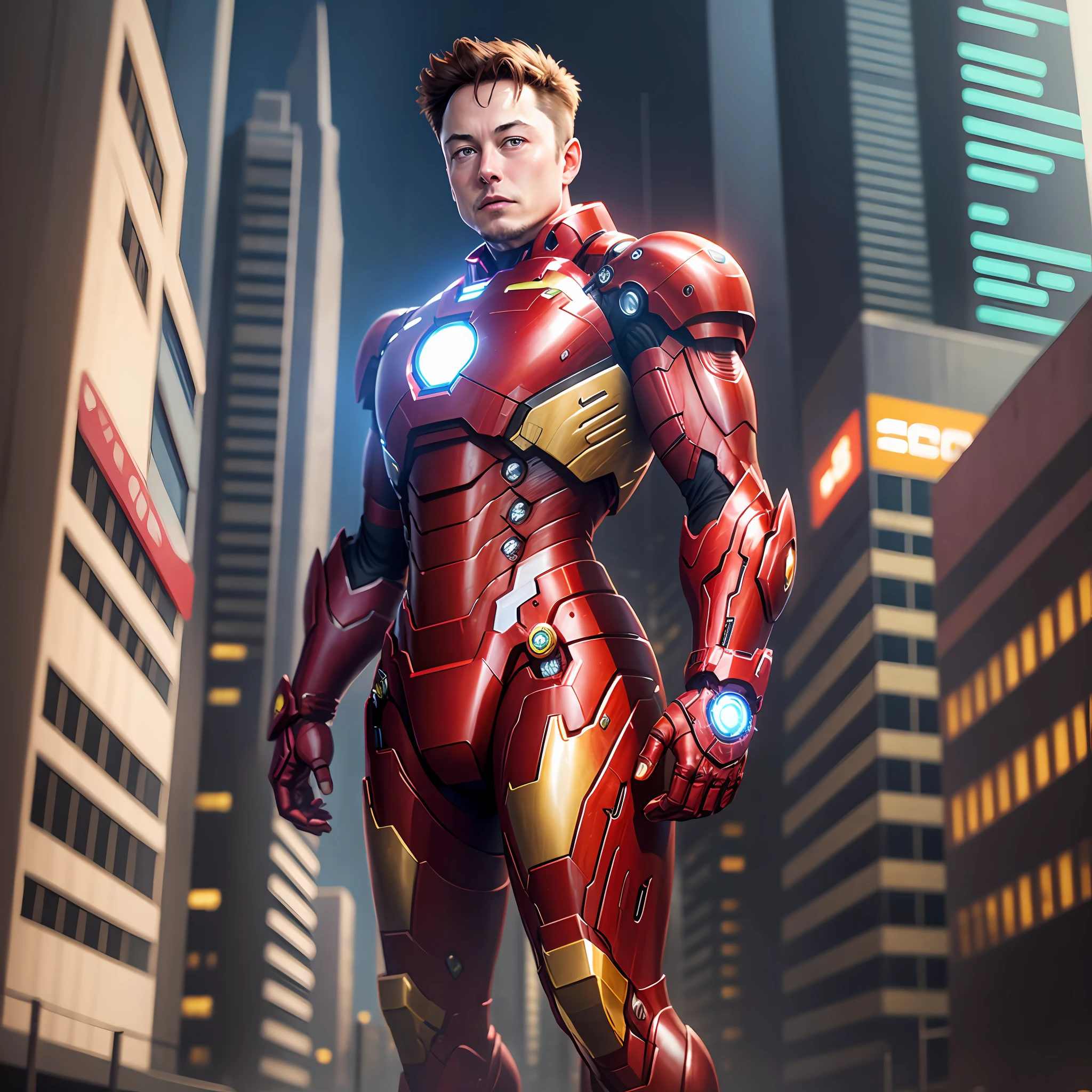 Elon Musk in an Iron Man outfit in a cyberpunk city, with ultra-realistic details --auto --s2