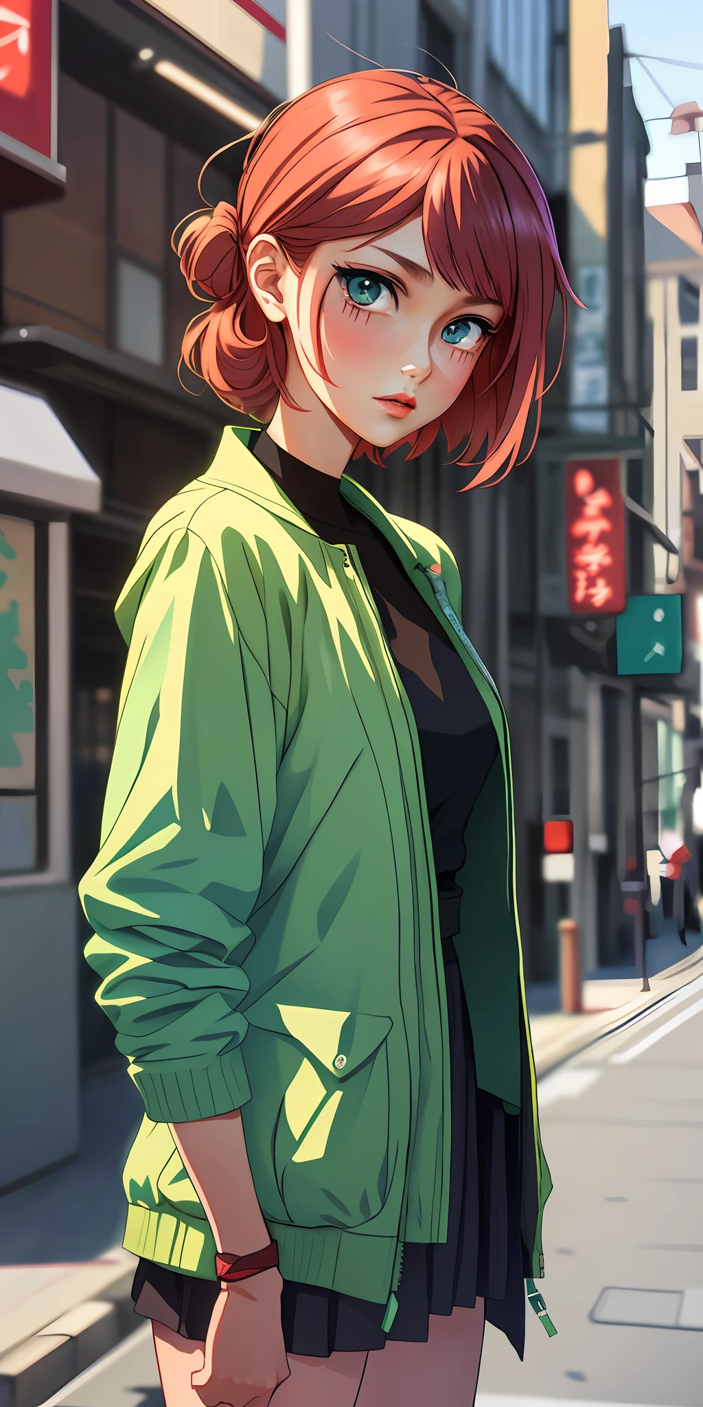 anime girl in green jacket standing on street corner with buildings in background, anime style 4 k, realistic anime 3 d style, urban girl fanart, digital anime illustration, anime style portrait, anime style. 8k, anime styled digital art, realistic anime artstyle, clean detailed anime style, anime style character, anime style illustration, digital anime art, detailed digital anime art