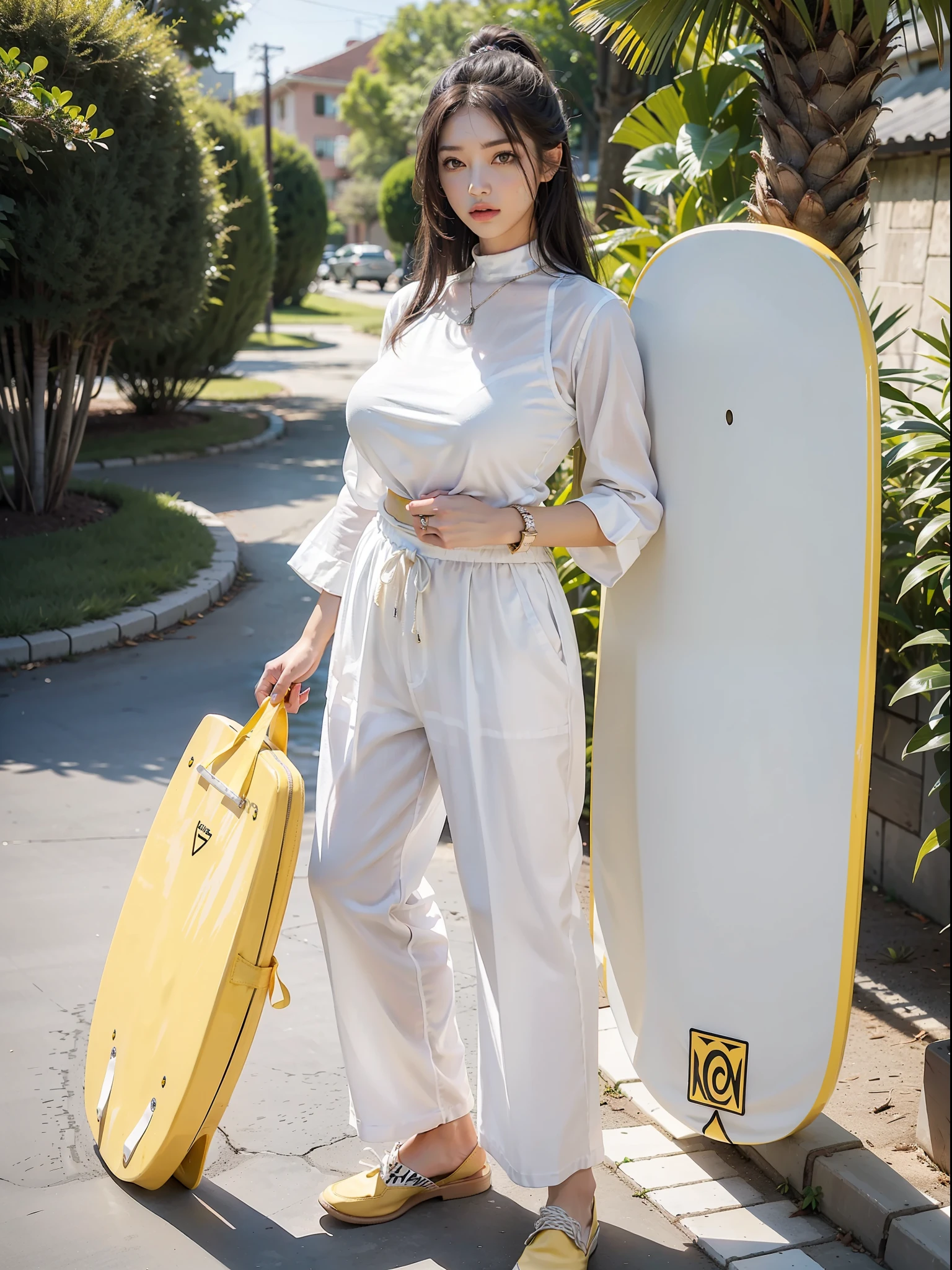 (Female: 1.2), (Big breasts: 1.2), (Mullet head), (Ring finger diamond ring), (Wearing white tunic), (Slacks), (Yellow board shoes), (Spring clothes), Back, Full body, Masterpiece, Realism