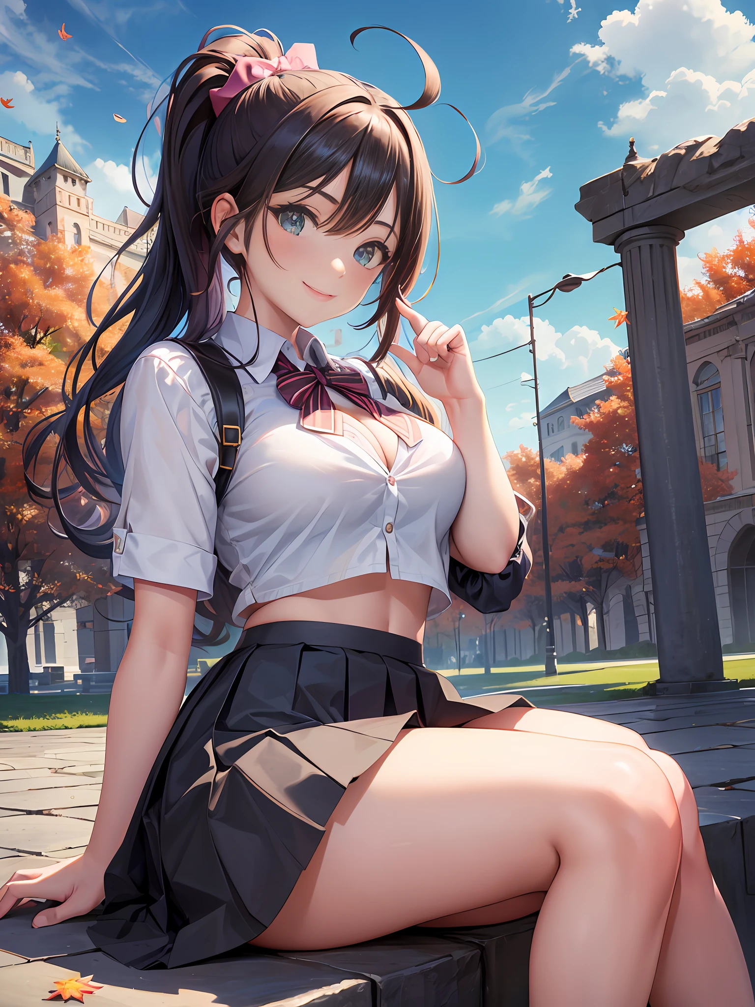 Masterpiece, Best Quality, Official Art, (Highly Detailed CG Unity 8k wallpaper), Detailed background, (Hands by Guido Daniele: 1.1), Feet out of frame, First Person View, 1, Attractive and Perfect Beautiful Woman, Schoolgirl, JK, Schoolgirl Uniform, Autumn, Autumn Leaves, Wind Blowing, (((Show buttocks, buttocks sticking out, flipping skirt, panties visible, gaze from oblique down))), sitting, legs open, optimal ratio of four fingers to one thumb, (curvaceous), ( white thighs: 1.12), (blue long hair: 1.12), (ahoge: 1.13), (high ponytail: 1.12), (green eyes: 1.13), looking at the viewer, big, (cleavage), beautiful face, (blush: 1.11), (smile: 1.11)