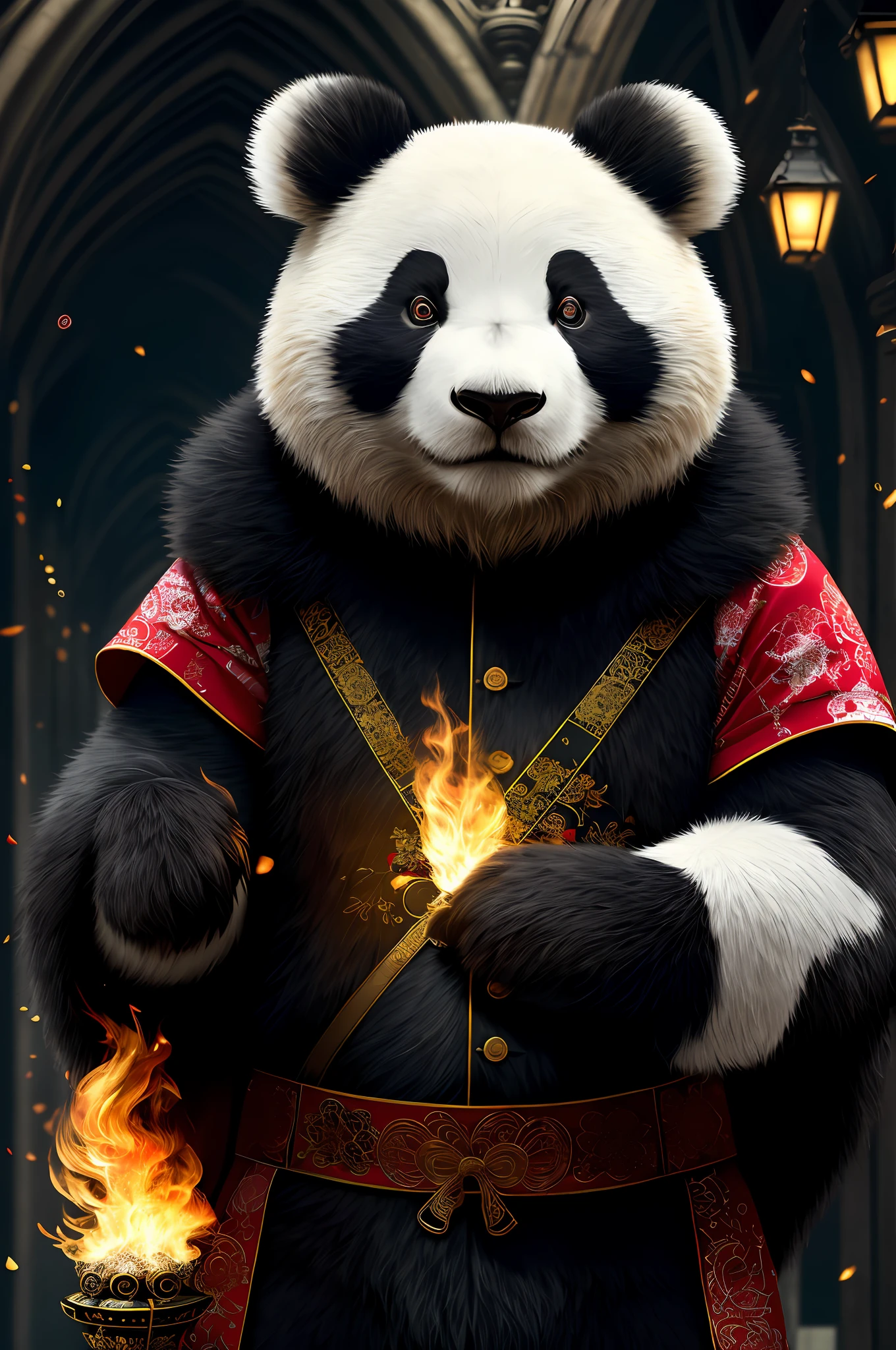 extremely detailed 8k wallpaper), intricate, richly detailed, dramatic, Panda bear with white kimono, ready for combat, Sinister face is drawn with only a pair of red eyes peeking underneath, graphics insanely, light is reflected in the ornaments, bright ashes ooze from the torches in the vaulted passage during the leisurely walk through the gloomy cathedral, Show the whole person with some distance from the surroundings to get your own license.