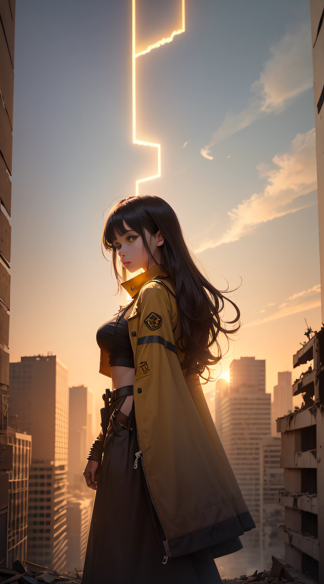 Girl, the light is yellow at dusk, amidst the ruins of buildings, the end of time --auto --s2