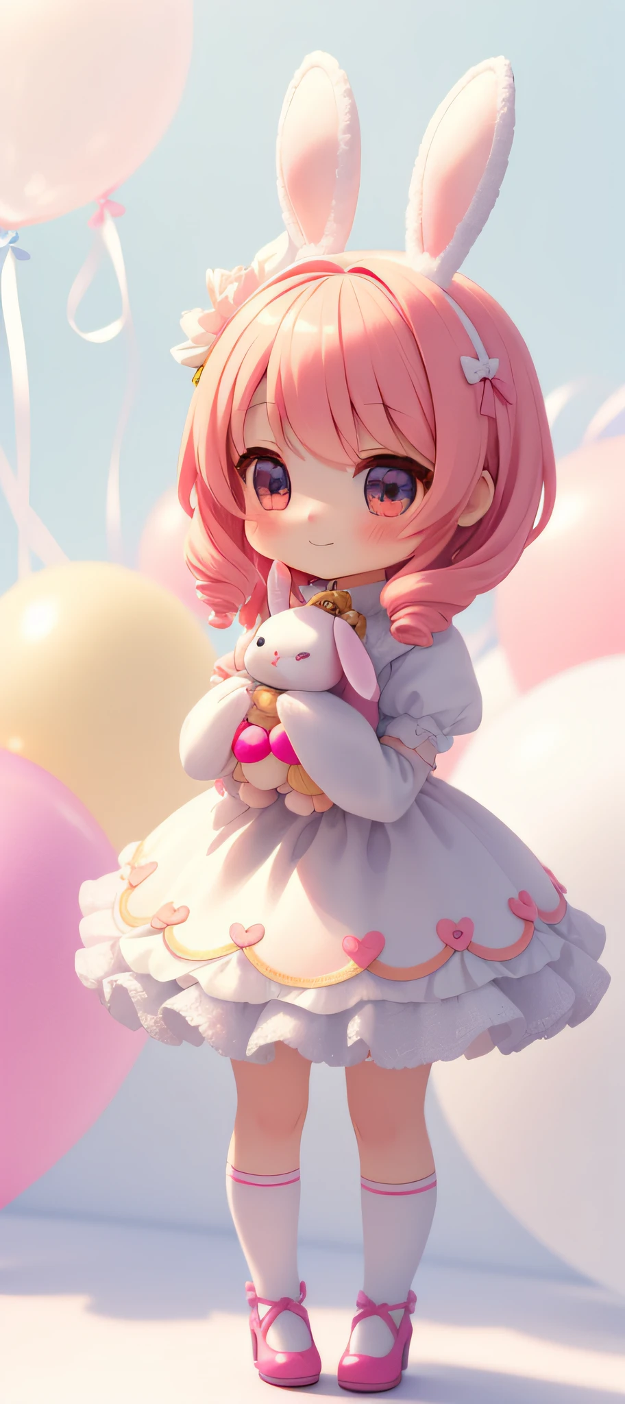Bunny morphing cute girl, fluffy, soft ((best quality)), ((masterpiece)), ( extreme detail, highest detail, official art, beauty and aesthetics: 1.2), depth of field, composition, full body, (chibi), (beautiful and detailed eyes: 1.3), (very happy: 1), colorful small balloons blurred background