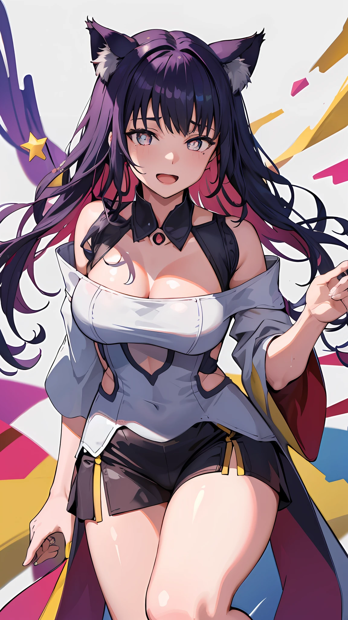 (masterpiece, best quality), ((1girl, (mature female) long hair), (star-shaped pupils, +_+, symbol-shaped pupils, sparkling eyes), (cat ears, open open mouth)), (looking at viewer, light smile, off shoulder), (abstract, multicolored background, abstract background, chromatic aberration), Chinese dress, side tighs, beautiful legs, pee, peeing herself, wet thighs, embarrassed, aroused, leaking pee, leaking underwear