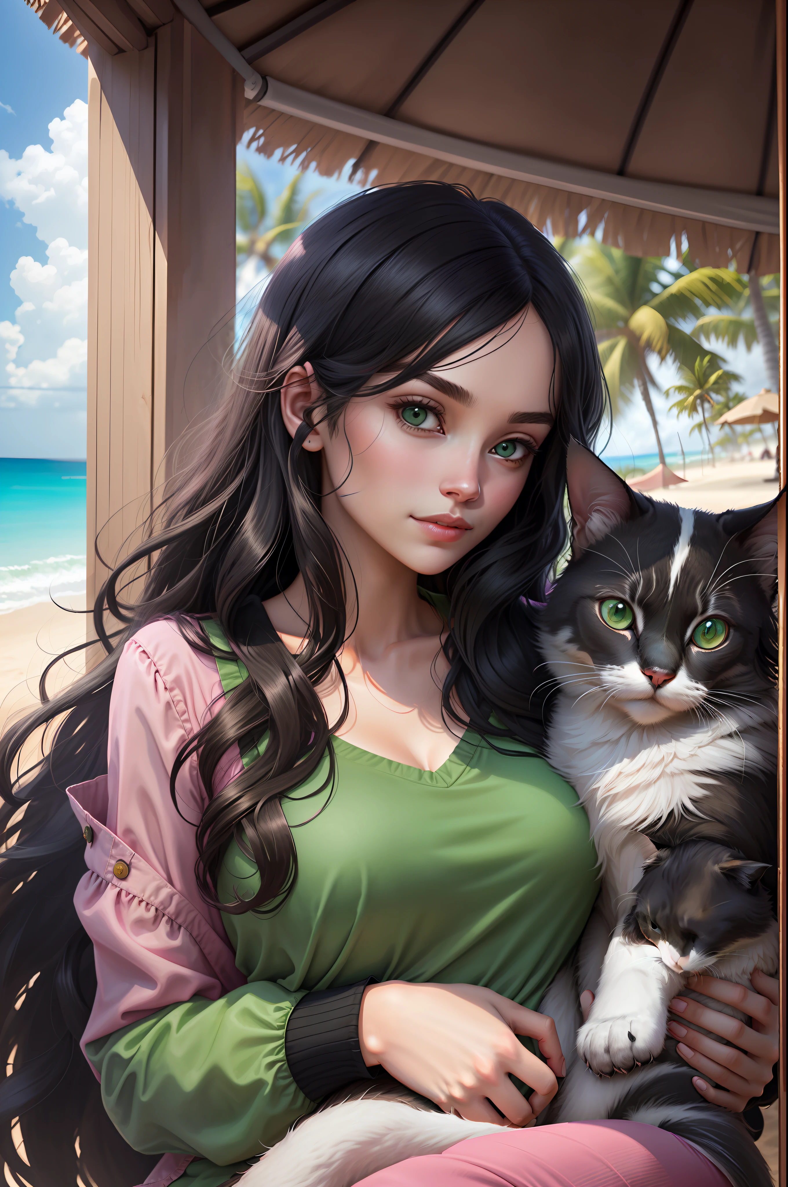 There's a woman, long curly black hair, bright green eyes, wearing jeans and a pink shirt, carrying a cat on her lap. Paradisiaca Beach Background