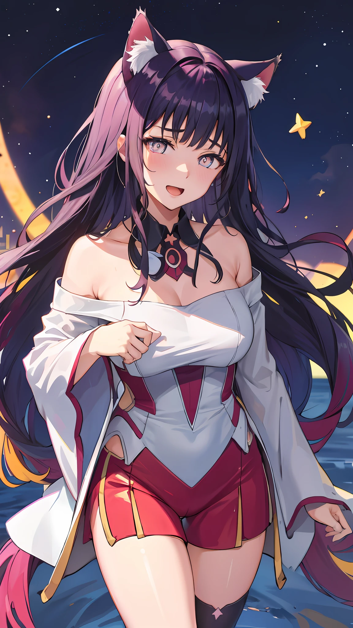 (masterpiece, best quality), ((1girl, (mature female) long hair), (star-shaped pupils, +_+, symbol-shaped pupils, sparkling eyes), (cat ears, open open mouth)), (looking at viewer, light smile, off shoulder), (abstract, multicolored background, abstract background, chromatic aberration), Chinese dress, side tighs, beautiful legs, pee, peeing herself, wet thighs, embarrassed, aroused, leaking pee, leaking underwear