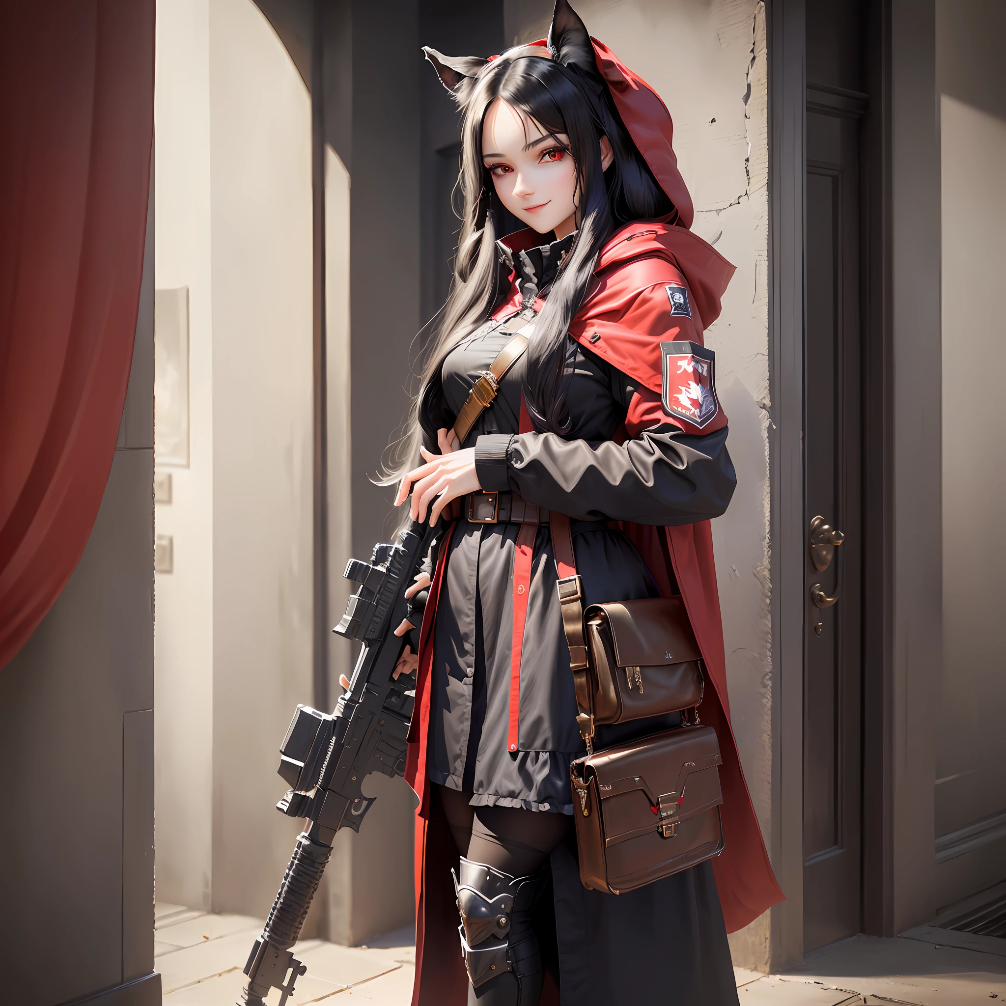 ((masterpiece,best quality)), high quality face, high quality eyes, 4k, clear face, high-resolution eyes, high-resolution hands, girl, black and red dress, royal dress, black legwear, black hair, vampire, anime, night, inside castle, twintails, hair ribbon, long hair, holding grimore, holding big sniper rifle, looking away, looking back, indoors, red eyes, ribbon, stairs, statue, scary smile.