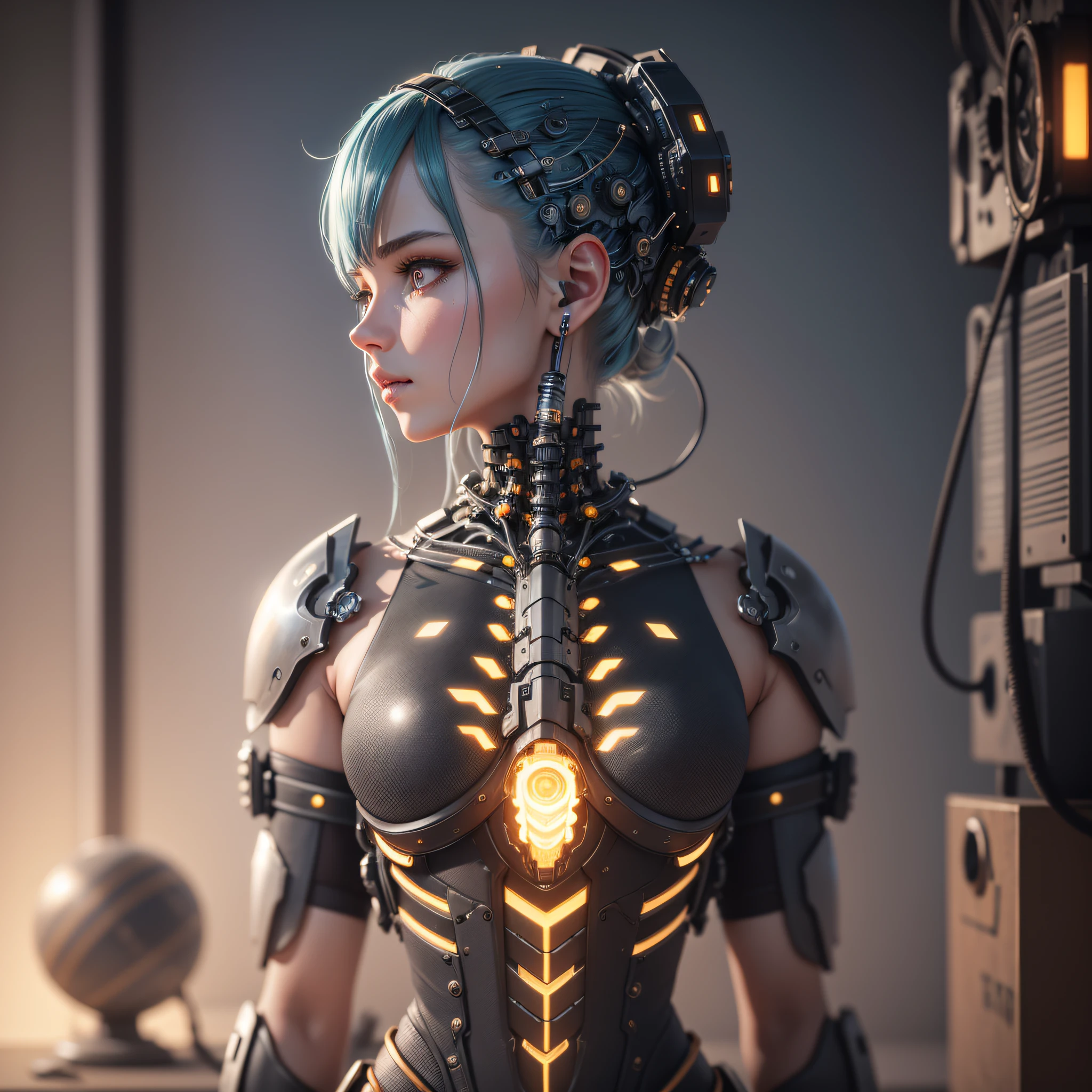 1mechanical girl,((ultra realistic details)), portrait, global illumination, shadows, octane render, 8k, ultra sharp,metal,intricate, ornaments detailed, cold colors, egypician detail, highly intricate details, realistic light, trending on cgsociety, glowing eyes, facing camera, neon details, machanical limbs,blood vessels connected to tubes,mechanical vertebra attaching to back,mechanical cervial attaching to neck,sitting,wires and cables connecting to head --auto --s2