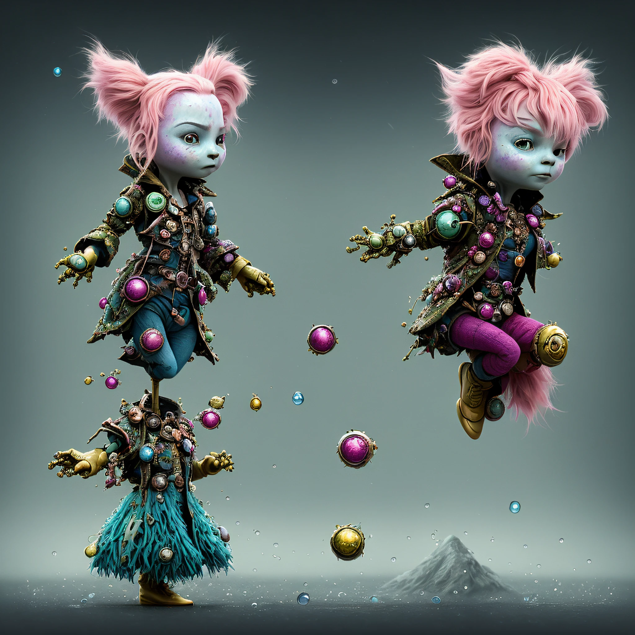 Digital art by Ray Caesar and Hannah Hch and Yohji Yamamoto, of a beautiful young woman in an action pose, pink hair, smile, centered in frame, wide shot, perky breasts, mask, pop surrealism, neo-dada, spectacular, spectacle, psychedelic, forced perspective, feminist art, empowering, masterpiece, private collection, curated collection, ((rose ivy)), behance, 3d render, cracked clay, gothic, bright colors, oversaturated, depth, spirals, fibonacci sequences, ((shells)), wings, muppet show, butterflies, flowers, gears, tunnels, surreal environment, fractals geometry, game assets, city scene, modern makeup, long eyelashes, ((rain drops)), chiffon dress, bracelets, punk rock, ((subversive art)), dirty, grime, dingey, mid cut jeans, specular highlights, reflections, ambient occlusion render, detailed, Marching squares, ((iso lines)), armature, detailed, elaborate, complex, desert, mountains, carriages, tiny robots, peanuts, cans, cars, stormy sky, moonlight, cats, dogs, muppets, (cloudport:0.5)