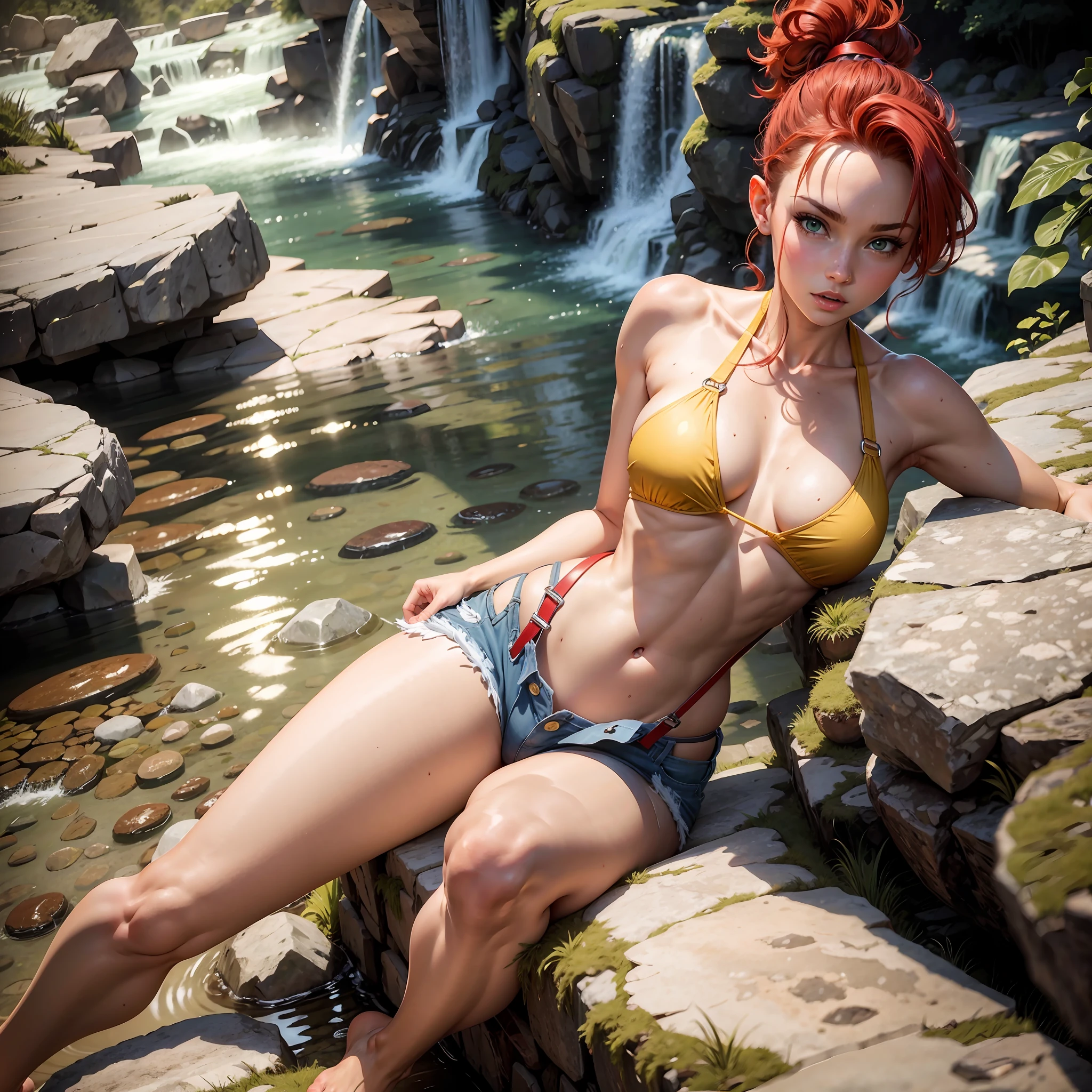 16k, UHD, Best quality, Hyperrealistic, Misty from pokemon, short jean shorts, red suspenders, large boobs, ponytail off to one side, waterfall, sitting on rock, belly button piercing, beautiful girl, tiny triangle yellow bikini swimsuit, exposed chest, unbuttoned shorts showing bikini bottoms, red-head, green eyes, legs spread wide apart, underboob, side boob, barefoot