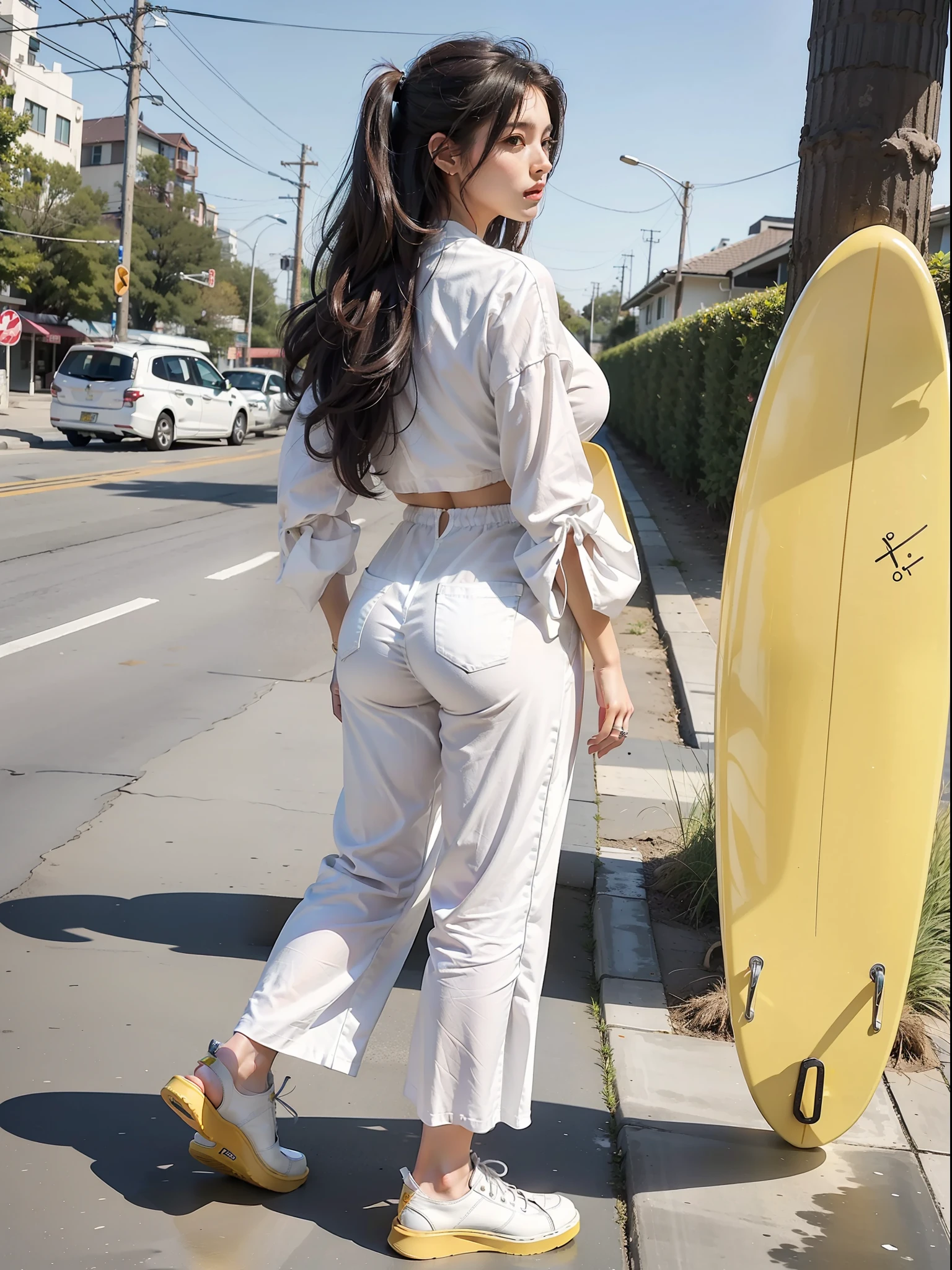 (Female: 1.2), (Big breasts: 1.2), (Mullet head), (Ring finger diamond ring), (Wearing a white tunic), (Slacks), (Yellow board shoes), (Spring clothes), (Long legs), Back, Buttocks, Full Body, Masterpiece, Realism