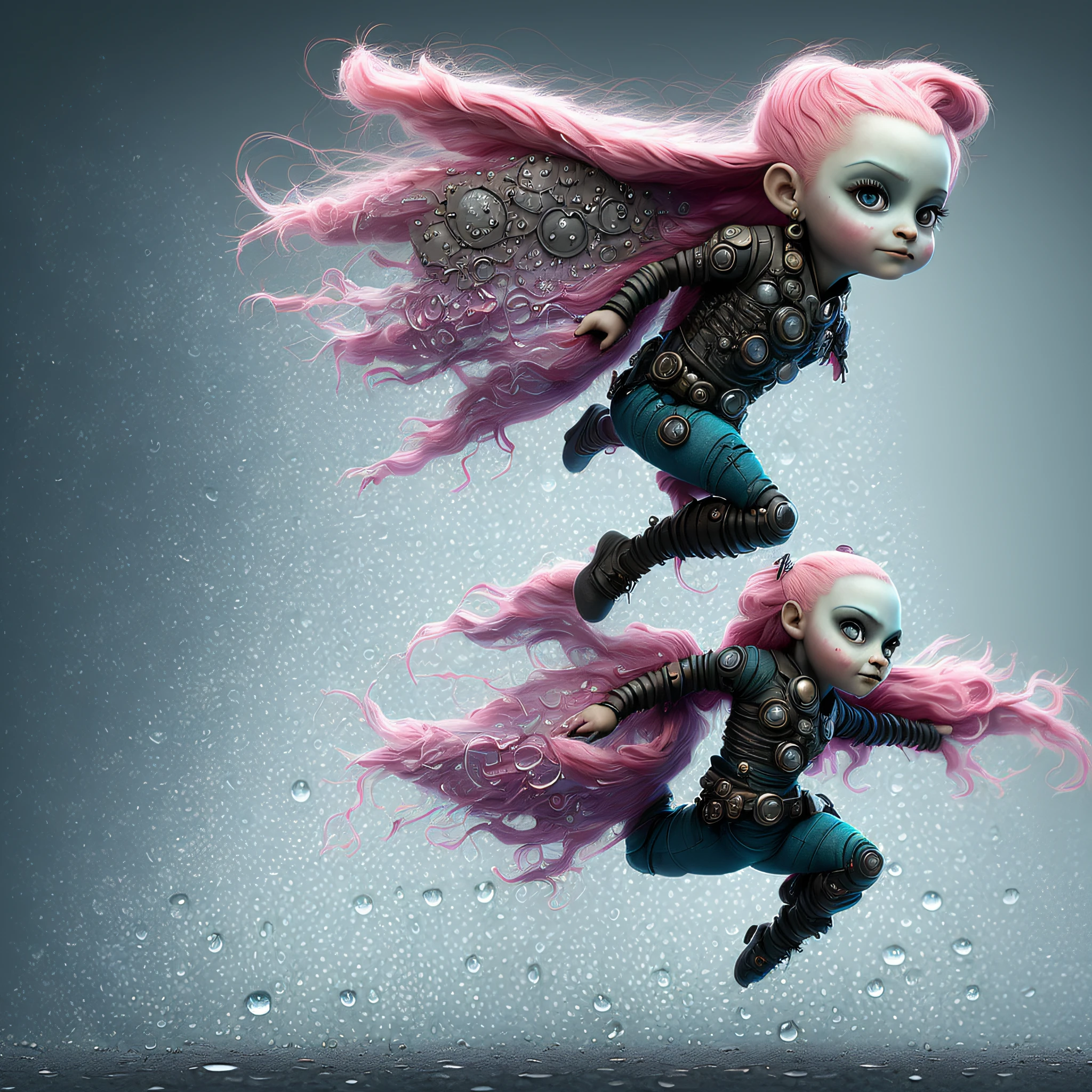 Digital art by Ray Caesar and Hannah Hch and Yohji Yamamoto, of a beautiful young woman in an action pose, pink hair, smile, centered in frame, wide shot, perky breasts, mask, pop surrealism, neo-dada, spectacular, spectacle, psychedelic, forced perspective, feminist art, empowering, masterpiece, private collection, curated collection, ((rose ivy)), behance, 3d render, cracked clay, gothic, bright colors, oversaturated, depth, spirals, fibonacci sequences, ((shells)), wings, muppet show, butterflies, flowers, gears, tunnels, surreal environment, fractals geometry, game assets, city scene, modern makeup, long eyelashes, ((rain drops)), chiffon dress, bracelets, punk rock, ((subversive art)), dirty, grime, dingey, mid cut jeans, specular highlights, reflections, ambient occlusion render, detailed, Marching squares, ((iso lines)), armature, detailed, elaborate, complex, desert, mountains, carriages, tiny robots, peanuts, cans, cars, stormy sky, moonlight, cats, dogs, muppets, (cloudport:0.5)