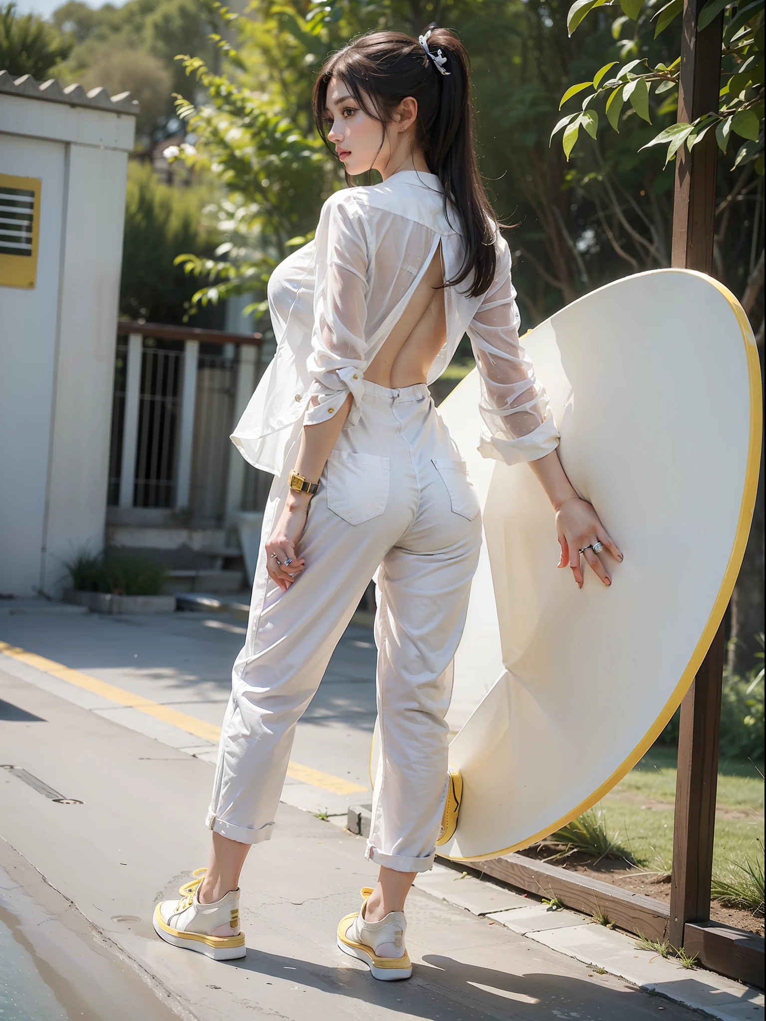 (Female: 1.2), (Big breasts: 1.2), (Mullet head), (Ring finger diamond ring), (Wearing a white tunic), (Slacks), (Yellow board shoes), (Spring clothes), (Long legs), Back, Buttocks, Full Body, Masterpiece, Realism