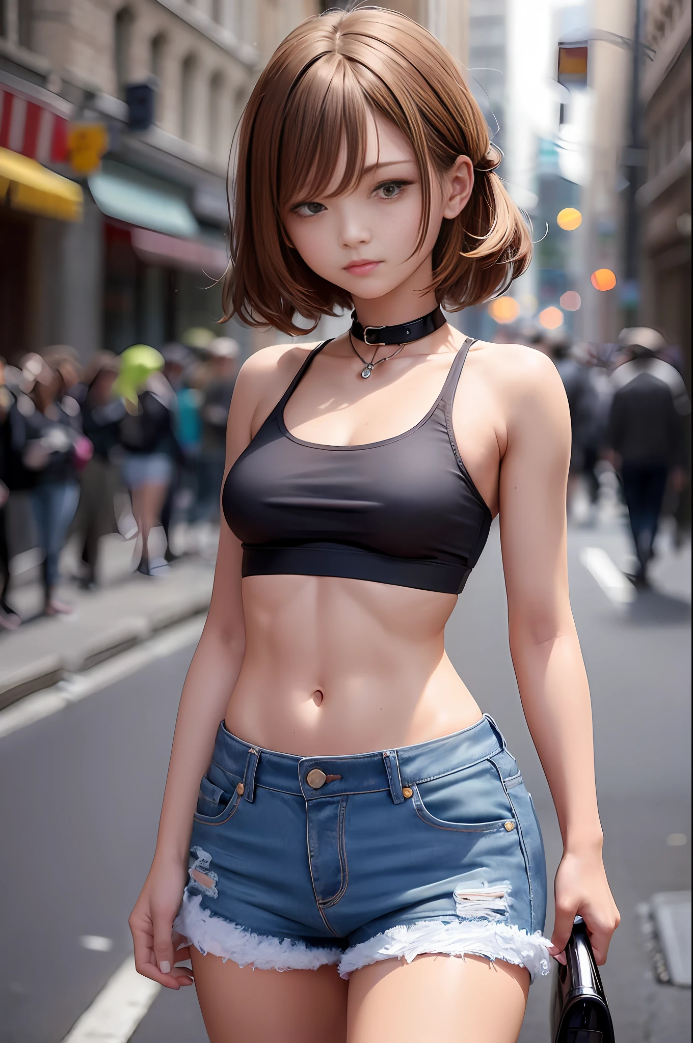 ((medium breast, tomboy girls, small head)), (chiseled abs : 1.1), (perfect body : 1.1), (short wavy hair : 1.2) , auburn hair, collar, chain, full body shot, crowded street, wearing black tanktop, jeans jacket, ((shorts)), (extremely detailed CG 8k wallpaper), (an extremely delicate and beautiful), (masterpiece), (best quality:1.0), (ultra highres:1.0)