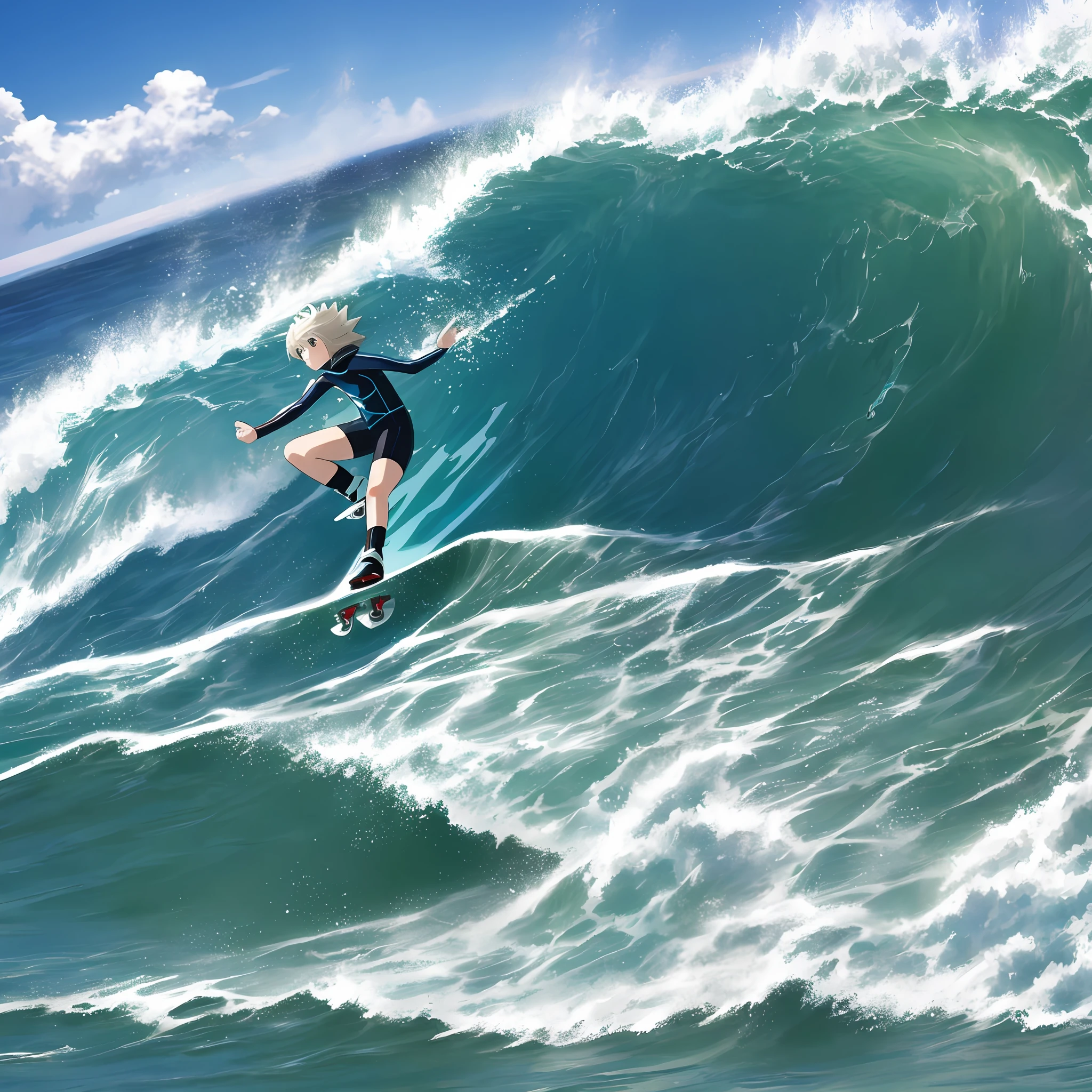 Anime character surfing in the sea with a kind of futuristic skates