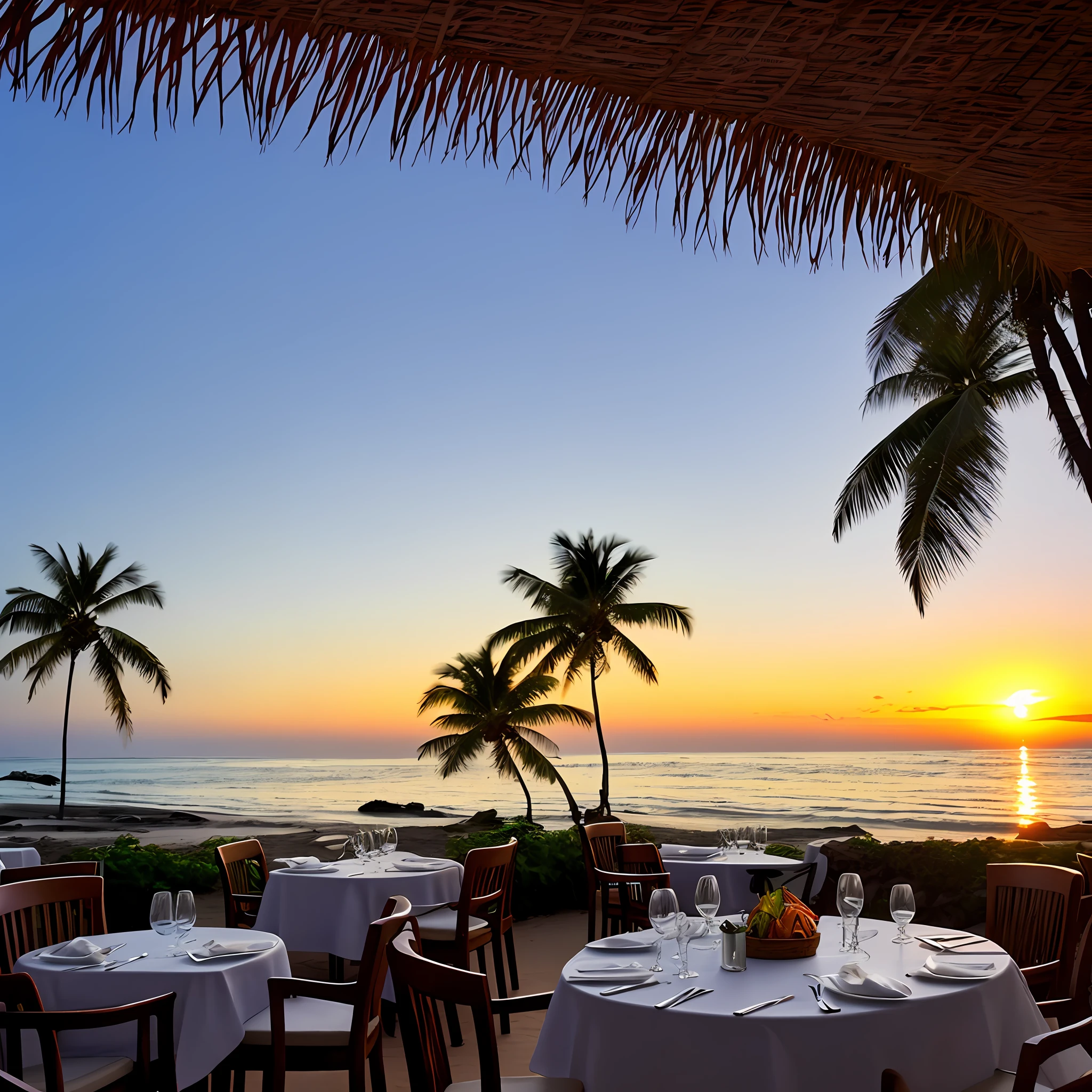 Italian restaurant on a tropical beach on a fictional Fiji island, at sunset, with the tropical Ocean on the horizon, focus, realistic