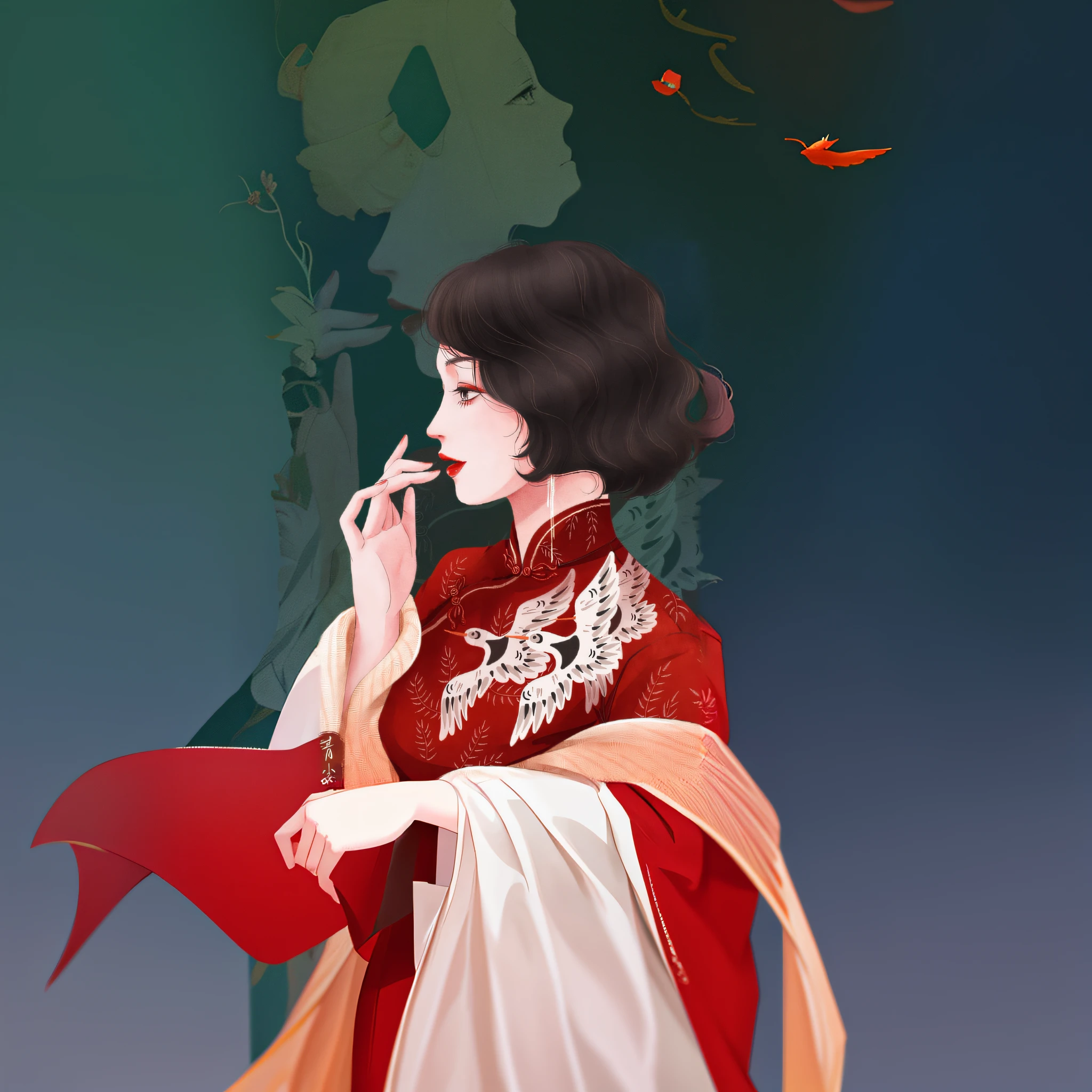 there is a woman with a red dress and a bird on her shoulder, in style of digital illustration, exquisite digital illustration, inspired by Itō Shinsui, inspired by Yao Tingmei, inspired by Ma Yuanyu, a beautiful artwork illustration, inspired by Gao Qipei, inspired by Ai Xuan, illustration art, inspired by Zhou Wenjing