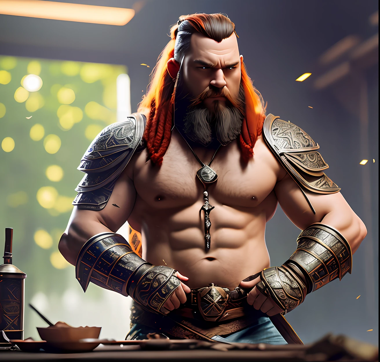 Dwarf
Red beard, long and braided,
Mohawk and red hair,
leather armor
big axe,
Barbarian, With tribal tattoos on his arms, Cinematic lighting, Unreal Engine 5, Cinematic, Color Grading, Editorial
Photography, Photography, Photoshoot, Shot on 70mm lense, Depth of Field, DOF,
Tilt Blur, Shutter Speed 1/1000, F/22, White Balance, 32k, Super-Resolution,
Megapixel, ProPhoto RGB, VR, tall, epic, artgerm, alex ross, Halfrear Lighting,
Backlight, Natural Lighting, Incandescent, Optical Fiber, Moody Lighting,
Cinematic Lighting, Studio Lighting, Soft Lighting, Volumetric, Contre-Jour, dark
Lighting, Accent Lighting, Global Illumination, Screen Space Global Illumination,
Ray Tracing Global Illumination, Red Rim light, cool color grading 45%, Optics,
Scattering, Glowing, Shadows, Rough, Shimmering, Ray Tracing Reflections, Lumen
Reflections, Screen Space Reflections, Diffraction Grading, Chromatic Aberration,
GB Displacement, Scan Lines, Ray Traced, Ray Tracing Ambient Occlusion, Anti-
Aliasing, FKAA, TXAA, RTX, SSAO, Shaders, OpenGL-Shaders, GLSL-Shaders, Post
Processing, Post-Production, Cel Shading, Tone Mapping, CGI, VFX, SFX, insanely
detailed and intricate, hypermaximalist, elegant, hyper realistic, super
detailed, dynamic pose, centered, photography --auto --s2