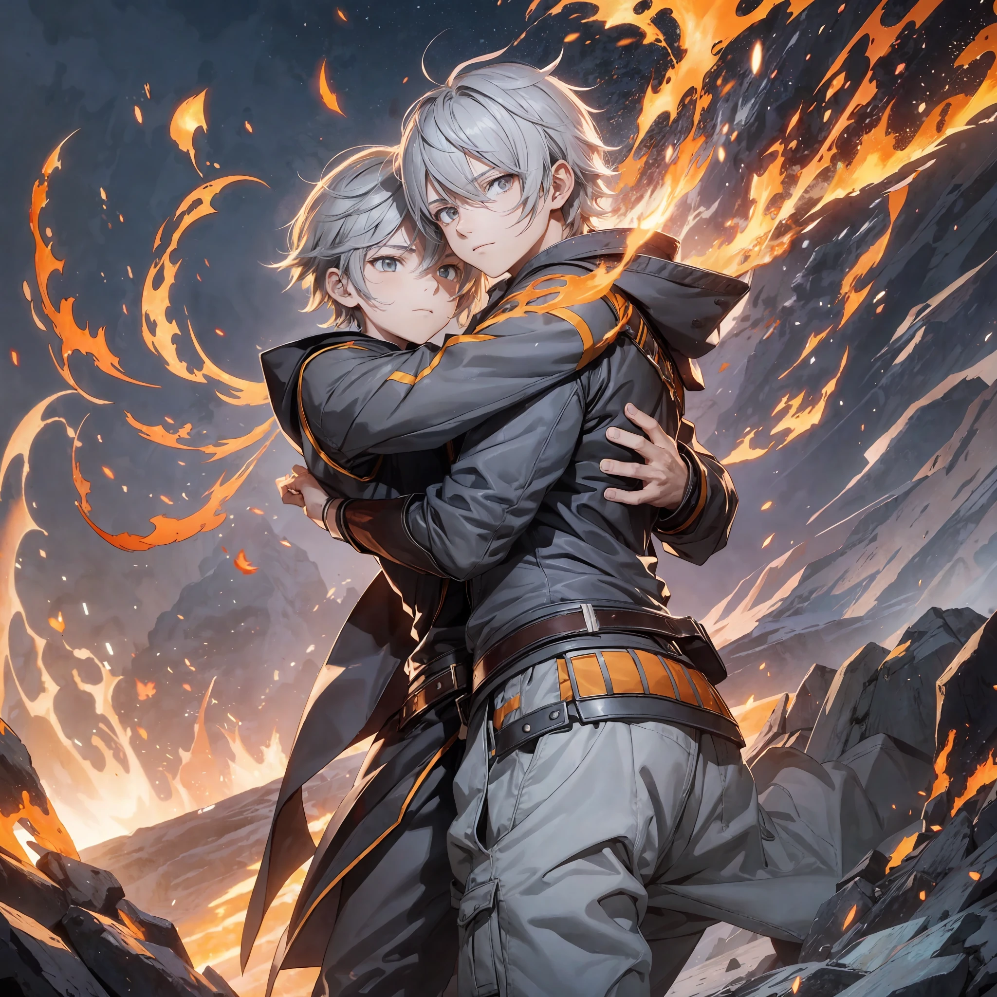 Drawing, Fantasy, Realism, Epic Lighting, Cinematic Composition, Isometric, Duet, Hugs, Hugs Fire, Dynamic Pose, Solo Guy , Light Gray Hair, Yellow Eyes, Sleeves Covered in Fire, (Rich in Details), Dressed in Shirt and Pants, Detailing Clothes, Solo Guy on Fire, Detailing Masterpiece, Tyndall Effect, (Balance and Coordination Between All Things), Fire, Fiery Breeze, Particle Effects, Flame, (8k:1.1) --auto --s2
