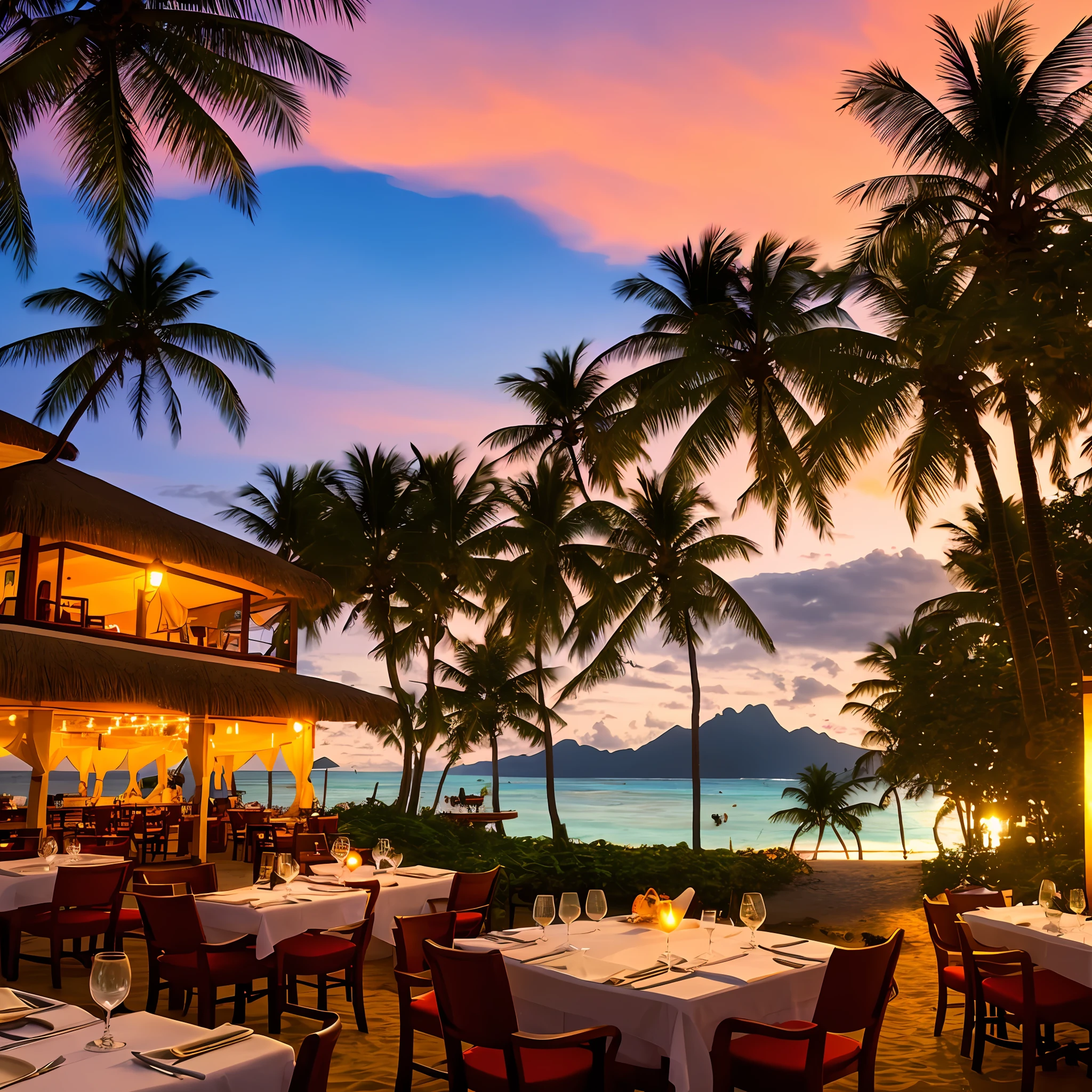Italian restaurant on a tropical beach on a fictional Fiji island, with a European castle in the background and warm lights at sunset