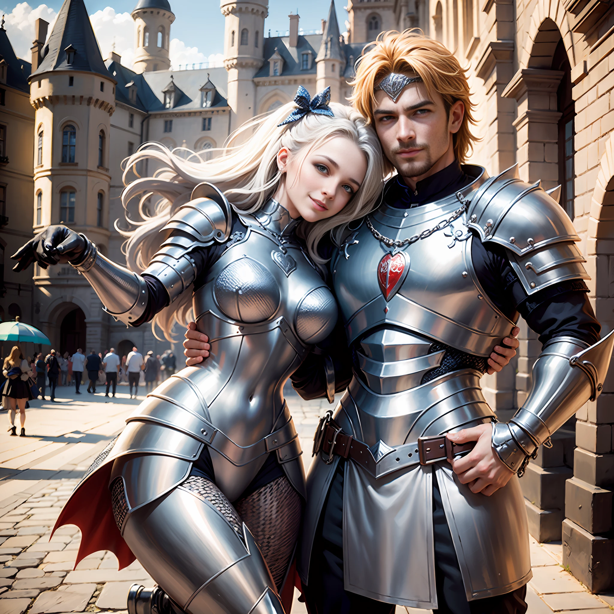 (((Medium shot))), couple, (a man and a woman), two individuals, outside the castle, jousting, playful, playful, sweet, happy, smile, armor, chain mail, armor, happy, pretty eyes, playful, surrealism, pov, romanticism, cinematic lighting, 8K, UHD, masterpiece, ccurate, anatomically correct, textured skin, high detail, high quality, high resolution, award-winning, best quality, 16K, bad body, bad hands, bad legs.