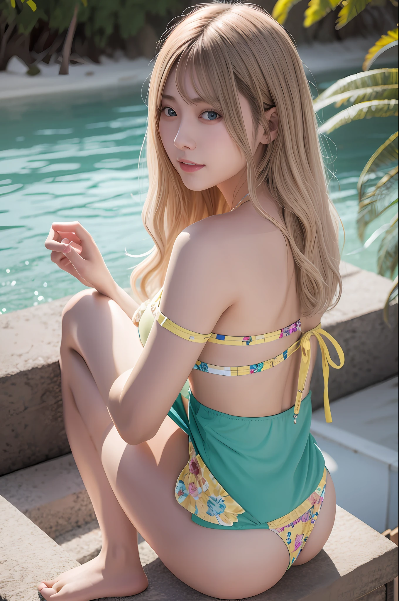 Top Quality, Ultra High Definition, (Realistic: 1.4), (Detailed Beautiful Girl: 1.4), (Medium: 0.8), Viewer, Detailed Facial Details, Beautiful and Detailed Eyes, (Yellow Hair | Pink), Green Eyes, Smile (Makeup: 0.4), Red Lips, (Full Body, Seated, Beach), Highly Detailed Clothing, (ulzzang-6500-v1. 1:0.3) \ Full body, bikini, from behind,