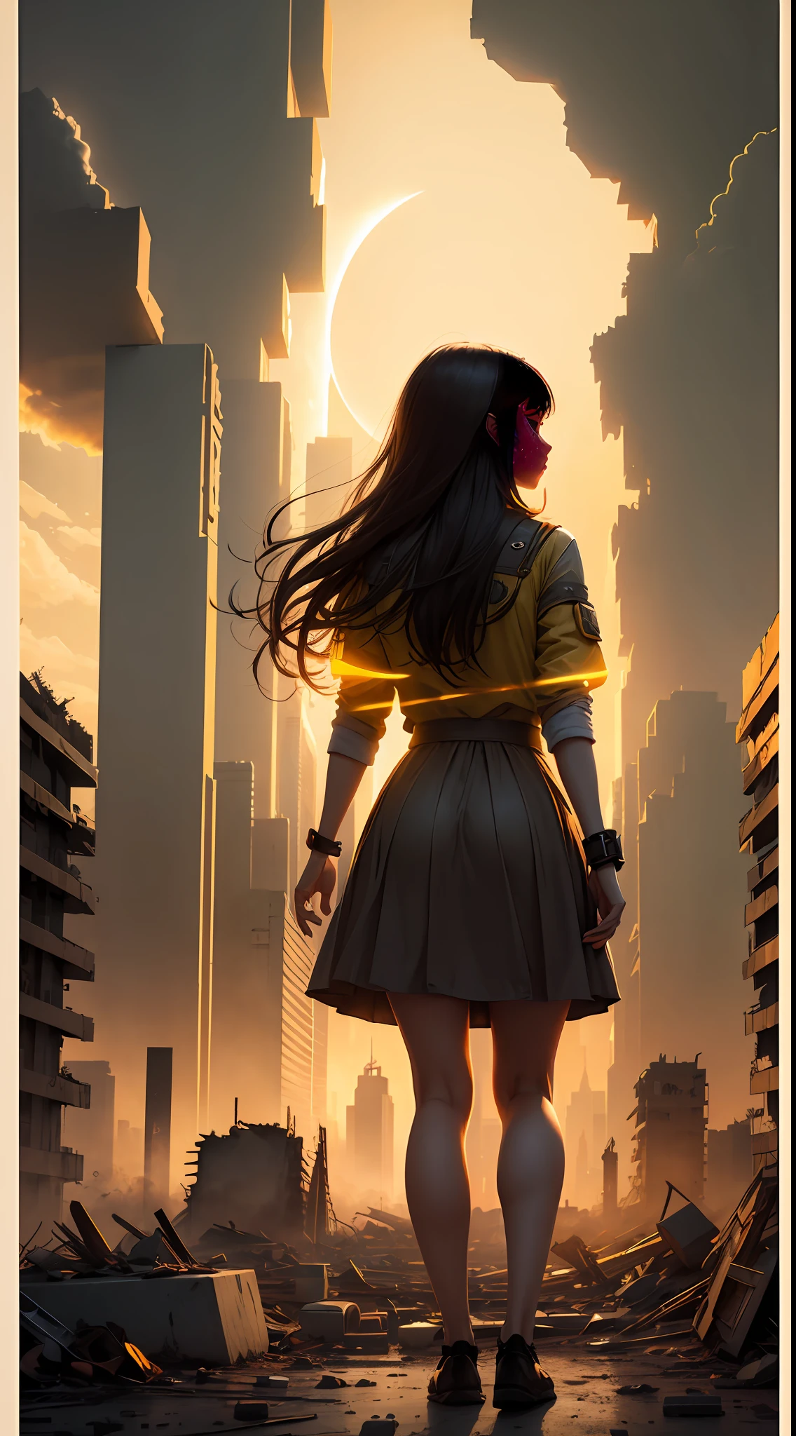 Girl, the light is yellow at dusk, amidst the ruins of buildings, the end of time --auto --s2