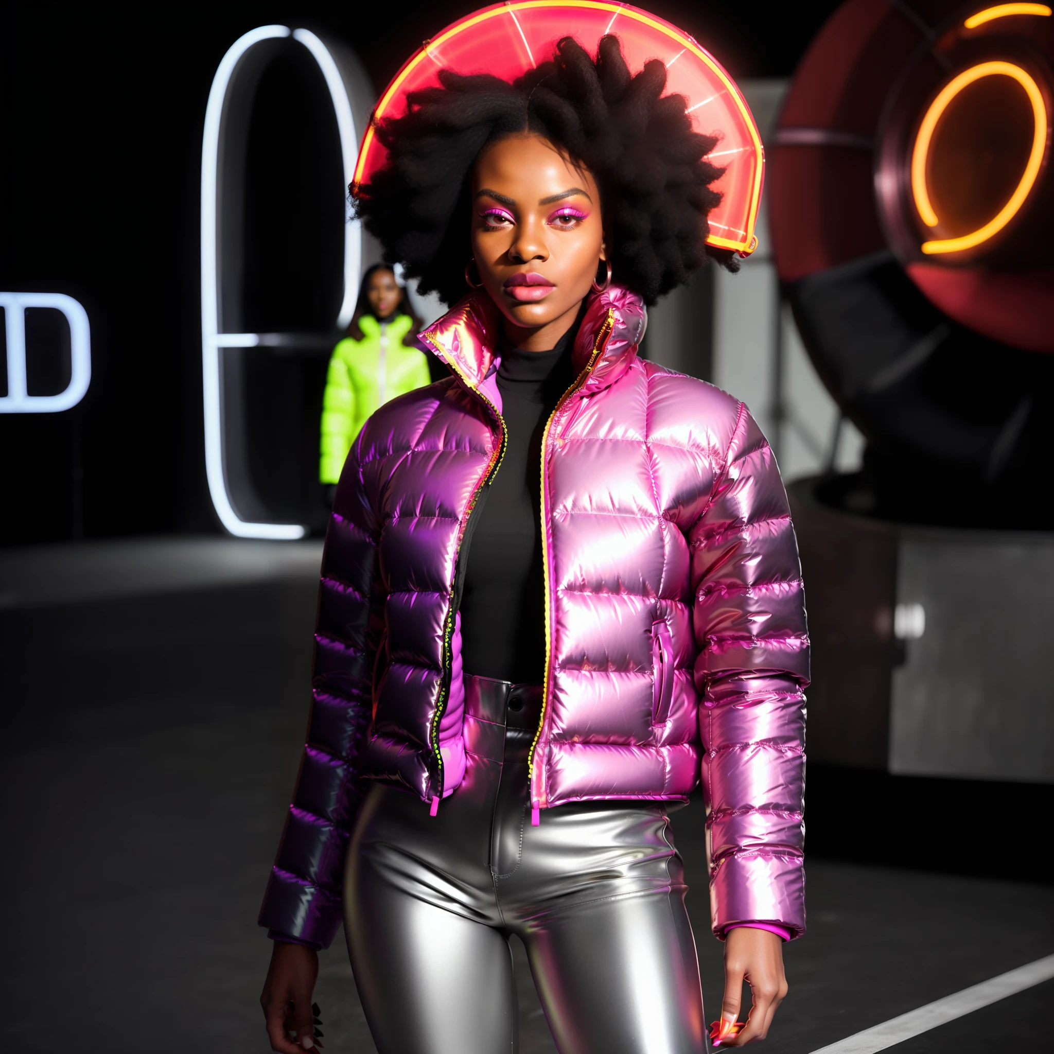 ((( an ultra realistic full-body woman))) with African facial features Kenya perfect, black afro hair stylish detailed in high definition, with nice expression, wearing oversized pants, (((Balenciaga puffer oversized style jacket:1.5 ultra definition red))) ((((vivid color red jacket, neon, metallic, reflective))), parading on runway, towards the camera, (ultra realistic parade environment) high fashion show, best quality, superior quality, image masterpiece, high resolution photography, captured from the front.