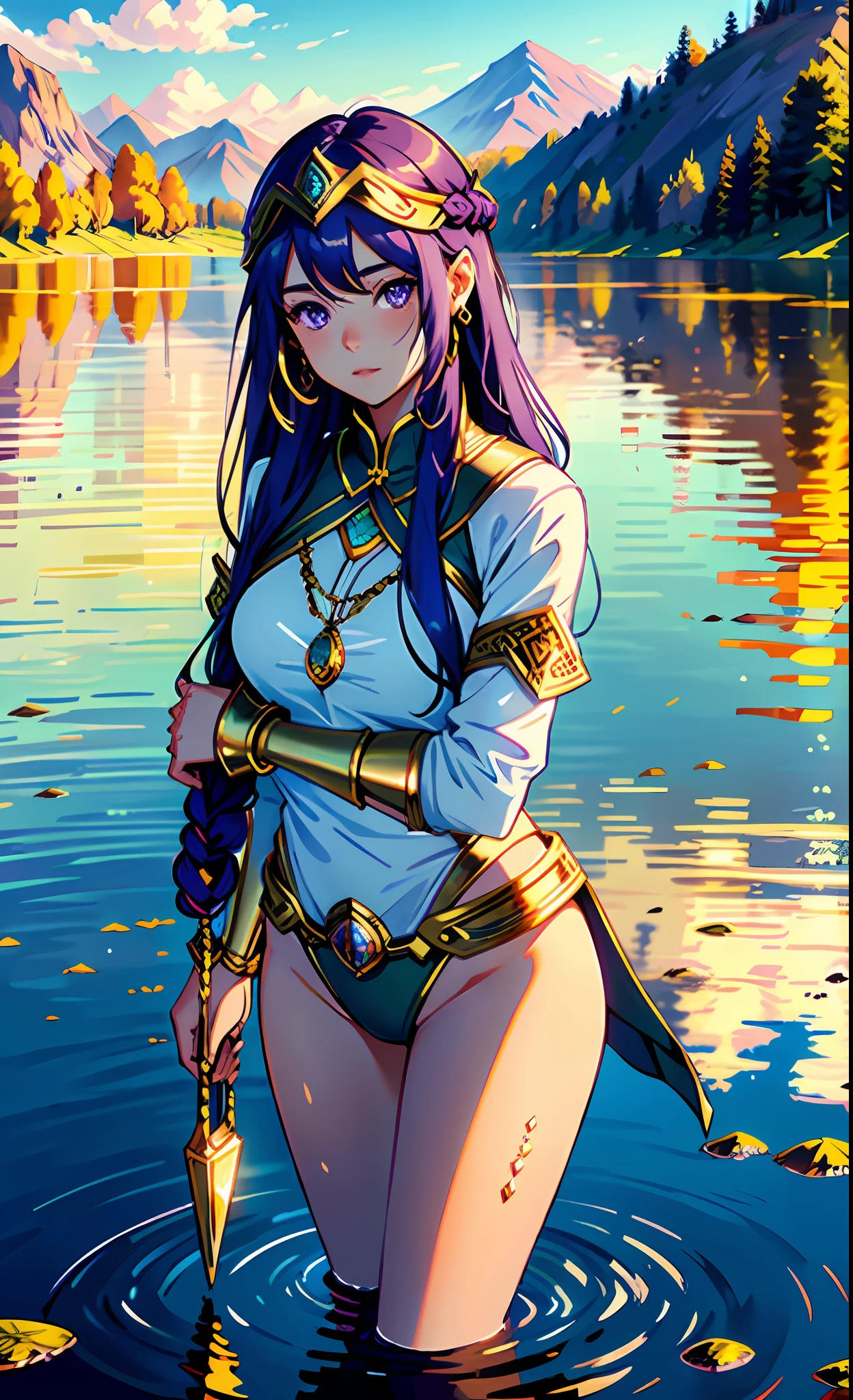 1 girl, goddess Athena, serene expression, mesmerizing eyes, long straight purple hair, gold armor, balanced posture, porcelain skin, subtle blush, crystal crosier BREAK golden hour, (rim lighting): 1.2, warm tones, reflection of the sun, soft shadows, vibrant colors, pictorial effect, dreamy atmosphere BREAK scenic lake, distant mountains, willow, calm water, reflection, sunlit clouds, Quiet environment, idyllic sunset, ultra detailed, official art, 8k unit wallpaper, zentangle, mandala