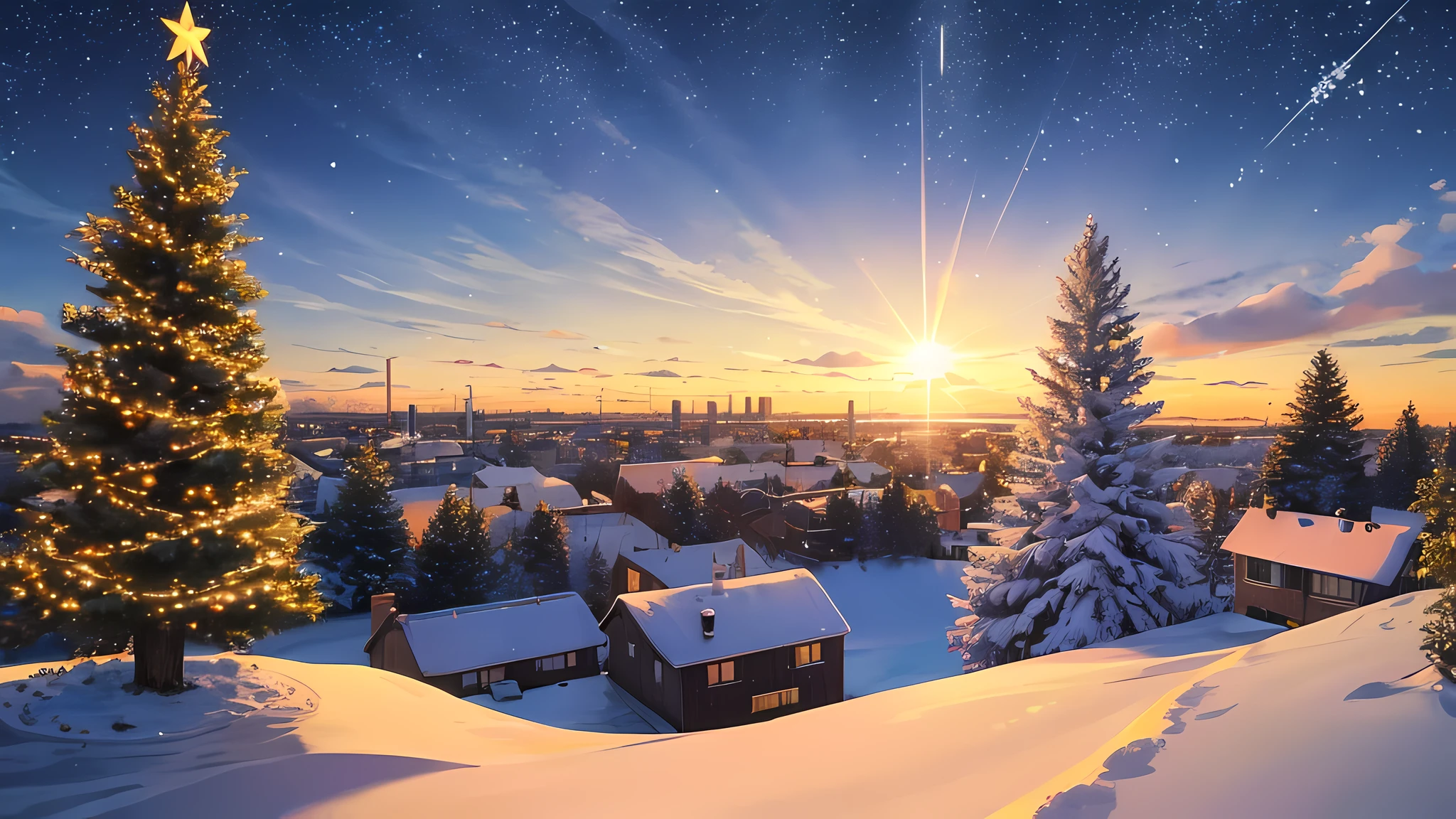 Scenery , City , Snowing , Winter Season , Christmas Trees , Sky , , shooting stars in the sky , Sun , Breeze