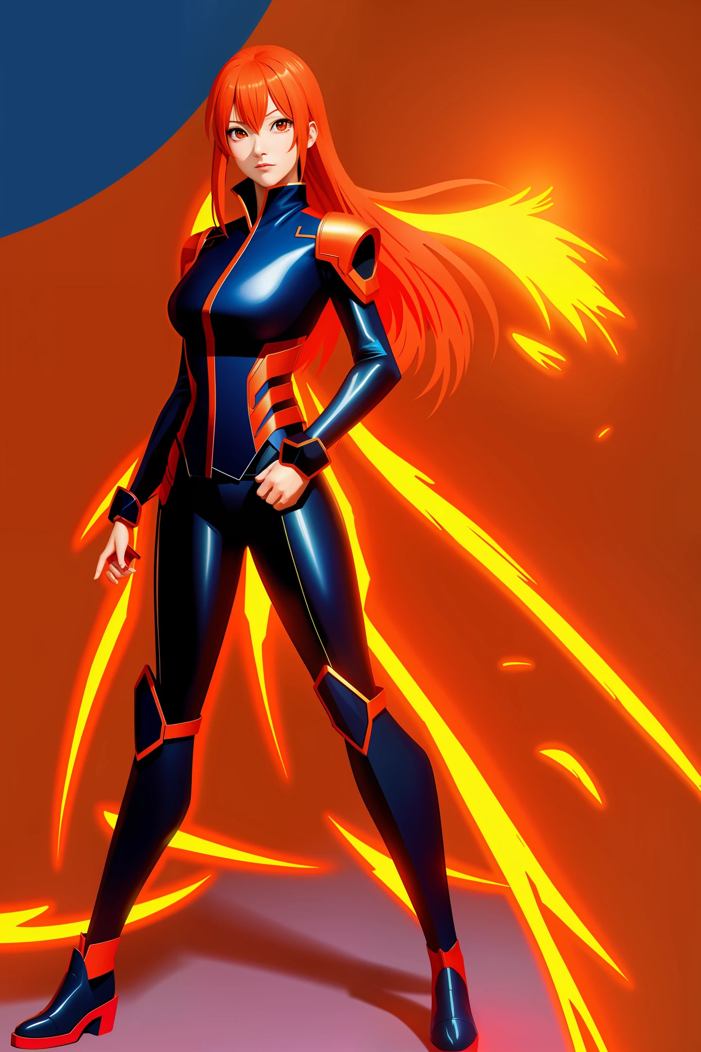 Anime general woman::3 anime::4.5 concept art::1 fire::1 ultra wide angle lens::3.8 neon orange color::2 dof --v 4 --quality 2