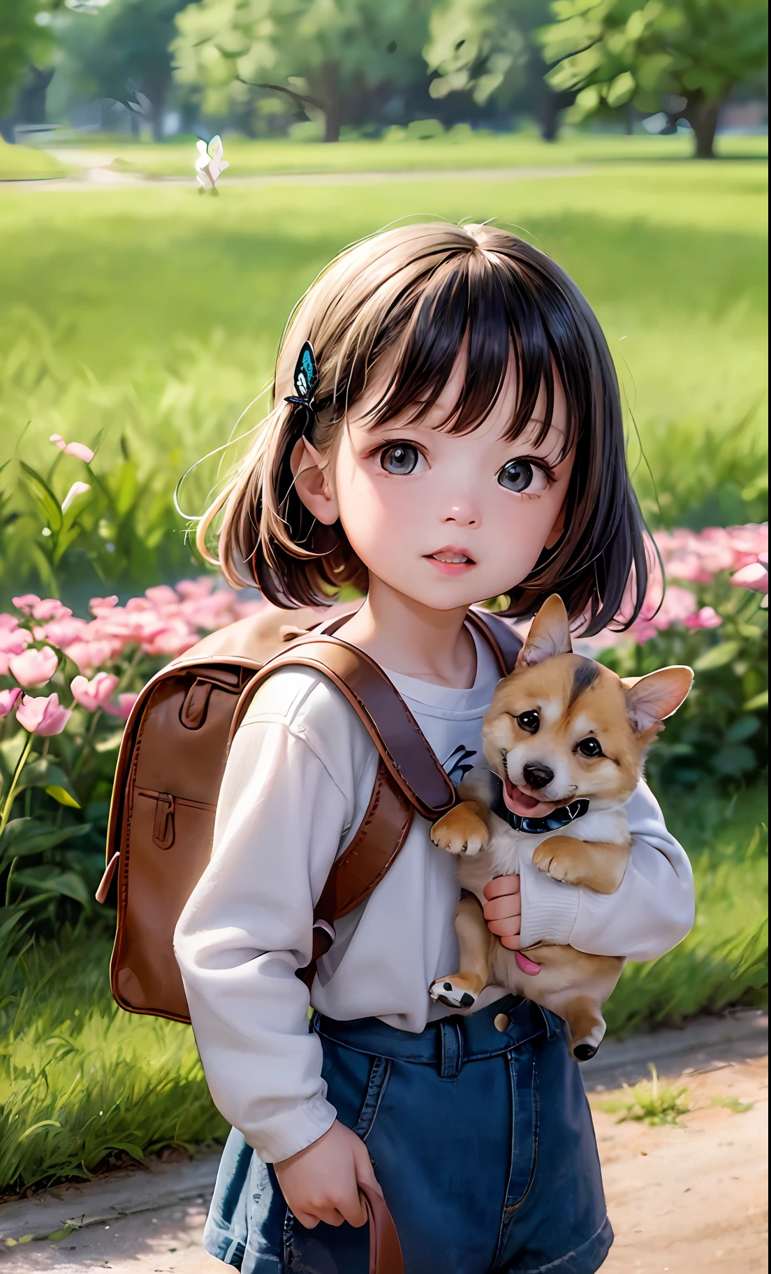 An incredibly charming  girl carrying a backpack, playing with her adorable puppy, enjoying a beautiful spring walk in the park, gorgeous pink flowers and natural landscapes. The illustration is in high definition in 4k resolution, with highly detailed facial features and cartoon-style visuals, (Butterfly Dance)