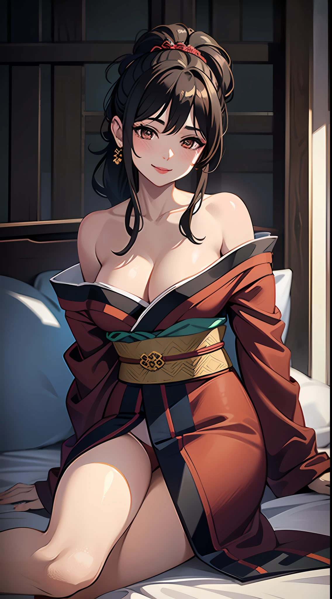 1girl, masterpiece, best quality, medium full shot, brown ponytail, ((off shoulder kimono, cleavage, sexy lips)), smiling, erotic pose,  on bed, busty