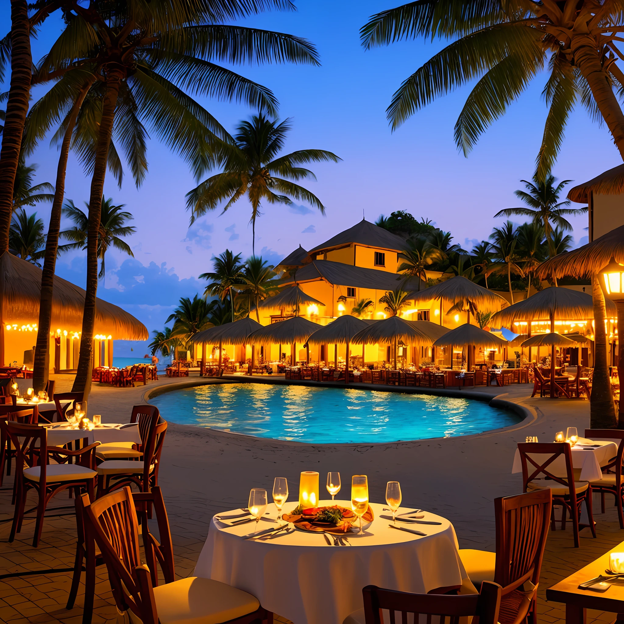 Italian restaurant on a tropical beach on a fictional Fiji island, with a European castle in the background and warm lights at sunset