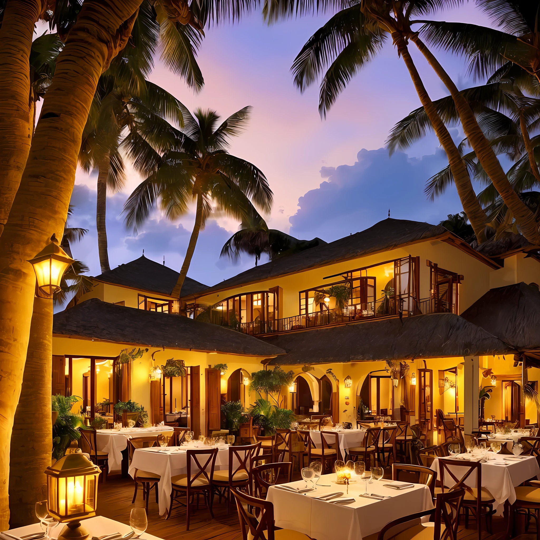 (A cozy and inviting atmosphere, an elegant Fusion of Italian and tropical styles: an Italian restaurant on a tropical beach at sunset. A castle in the backdrop adds a European flair to this fictional Fiji island. The play of warm and golden lights adds to the romantic ambiance.)