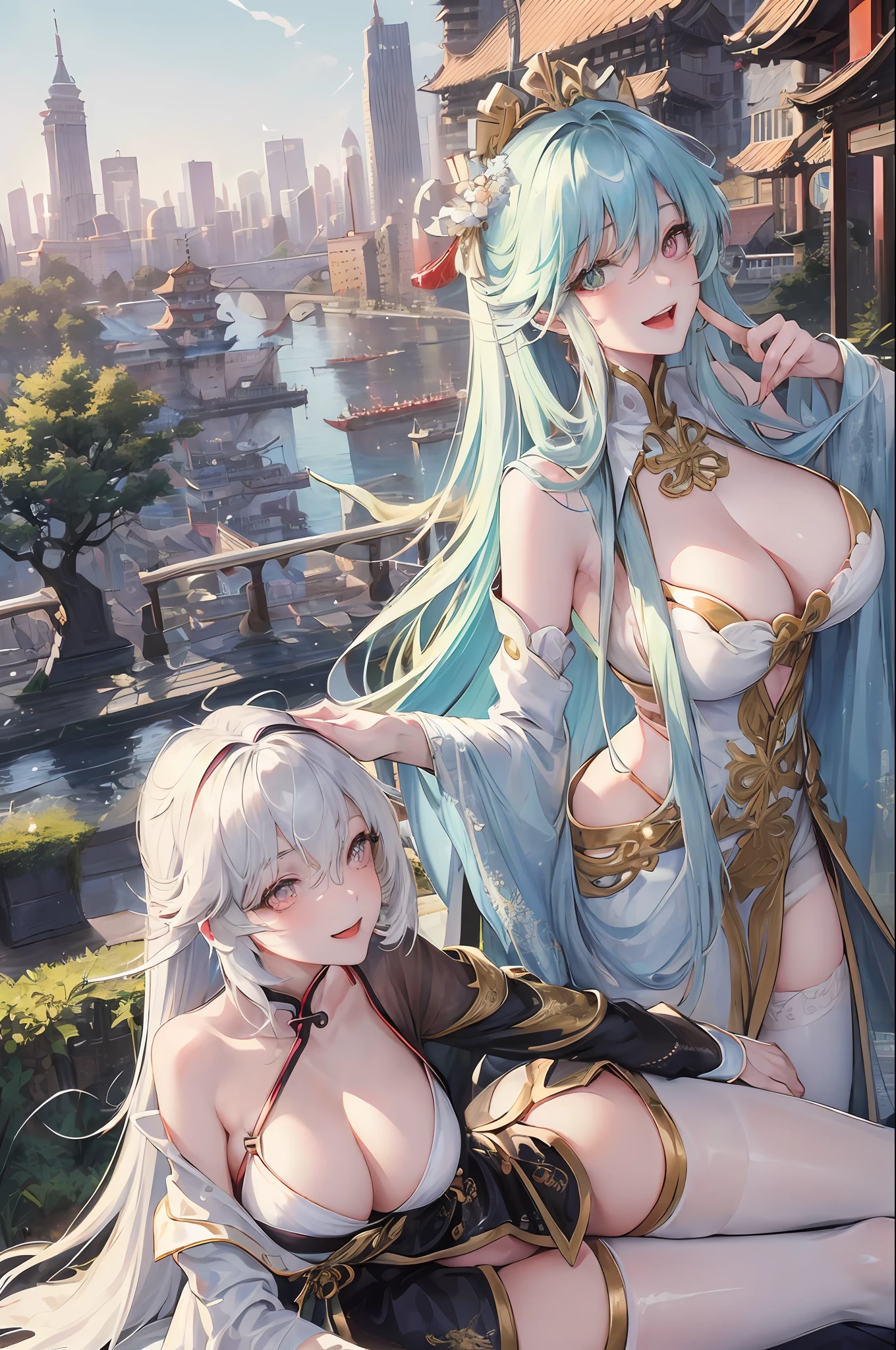 Official Art, Masterpiece, Sharp Focus, (Beautiful Gorgeous Cute Chinese Woman: 1.3), (Beautiful and Cute Chinese: 1.3), Chinese Beauty, Delicately Beautiful Hair and Eyes and Face, Realistic, Super Detailed, Beautiful Girl, Blue Sky, Glowing White Particles, (Sidelighting: 1.2), Sunlight, White Clouds, Delicate Clouds, Slender, Cute Big Breasts Big Buttocks, Toothy Laugh, ((Laughing with Eyes Open)), Landscape, Long Straight Hair, Sexy Facial Expressions, Architecture, ( Cityscape:1.7), Dynamic Hair, Long Straight Hair, Delicate Gilt Golden, Glowing Heterochromic Eyes, (Bikini,Tong), White Stockings, Pale Skin, Hair Accessory, Epic Landscape,