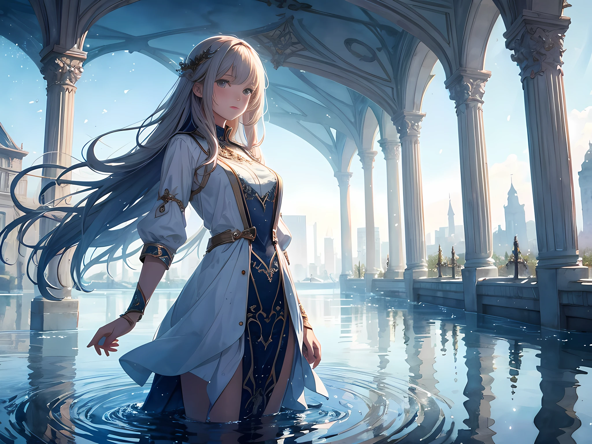 Amazingly beautiful girl, standing on water, reflection of water, detailed face, detailed eyes, in a dream, watercolor, blush, strange, dream background, hand drawn illustration, highly detailed, cinematic lighting, perfect composition. 4K, depth of field,