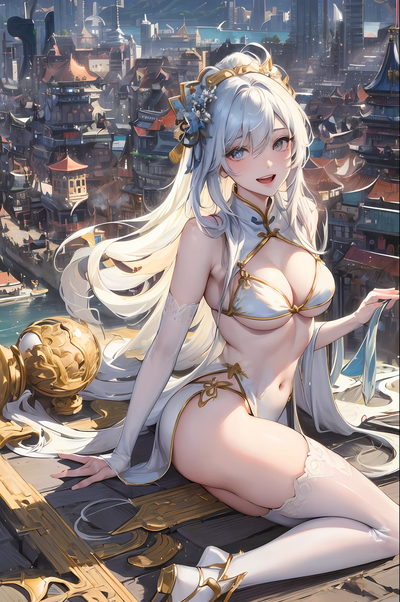 Official Art, Masterpiece, Sharp Focus, (Beautiful Gorgeous Cute Chinese Woman: 1.3), (Beautiful and Cute Chinese: 1.3), Chinese Beauty, Delicately Beautiful Hair and Eyes and Face, Realistic, Super Detailed, Beautiful Girl, Blue Sky, Glowing White Particles, (Sidelighting: 1.2), Sunlight, White Clouds, Delicate Clouds, Slender, Cute Big Breasts Big Buttocks, Toothy Laugh, ((Laughing with Eyes Open)), Landscape, Long Straight Hair, Sexy Facial Expressions, Architecture, ( Cityscape:1.7), Dynamic Hair, Long Straight Hair, Delicate Gilt Golden, Glowing Heterochromic Eyes, (Bikini,Tong), White Stockings, Pale Skin, Hair Accessory, Epic Landscape,