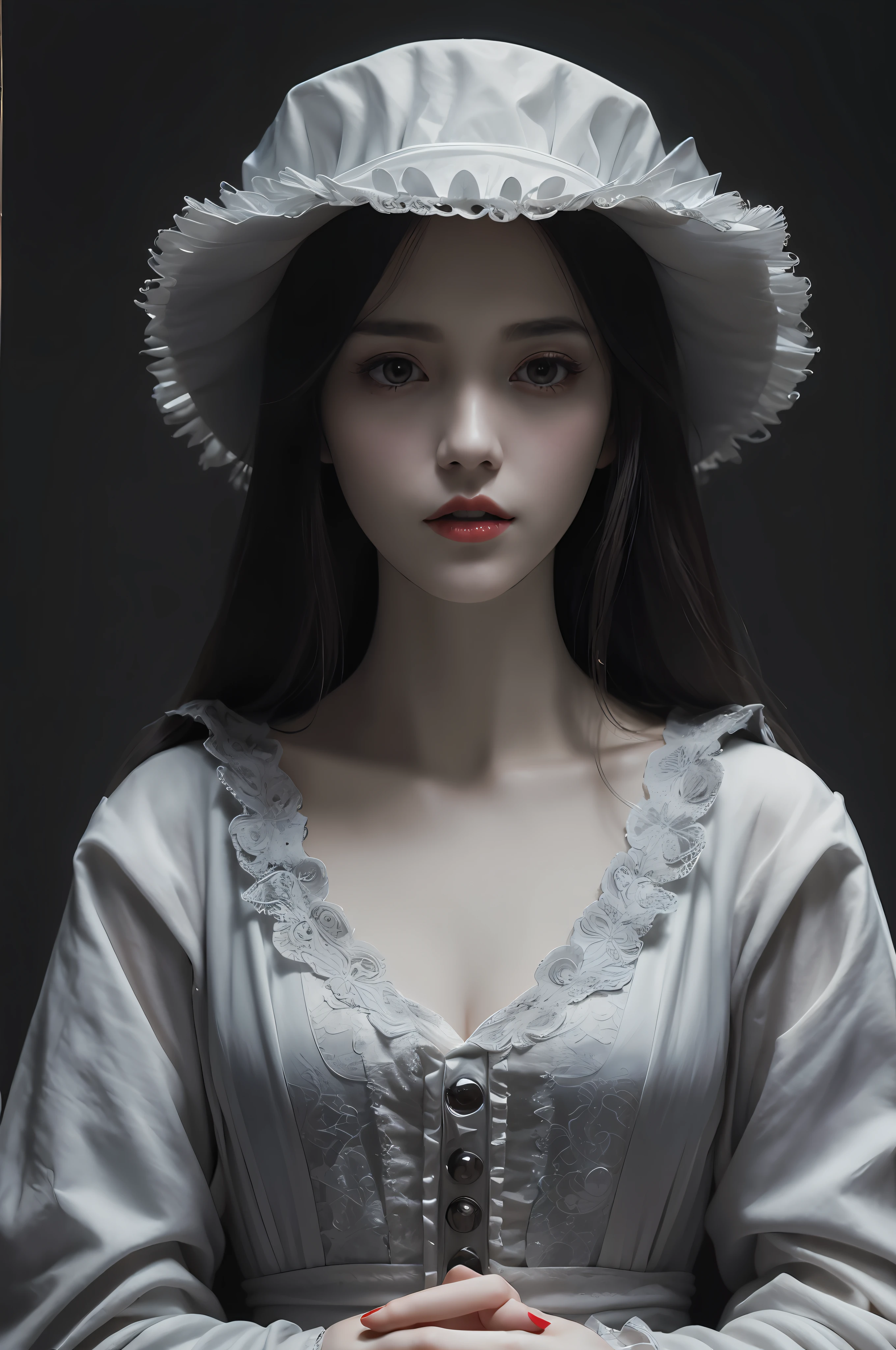 arafed woman in a white hat and dress with a red lip, pale porcelain white skin, guweiz, guweiz masterpiece, artwork in the style of guweiz, soft portrait shot 8 k, pale young ghost girl, porcelain white skin, by Russell Dongjun Lu, pale milky white porcelain skin, elegant lady with alabaster skin