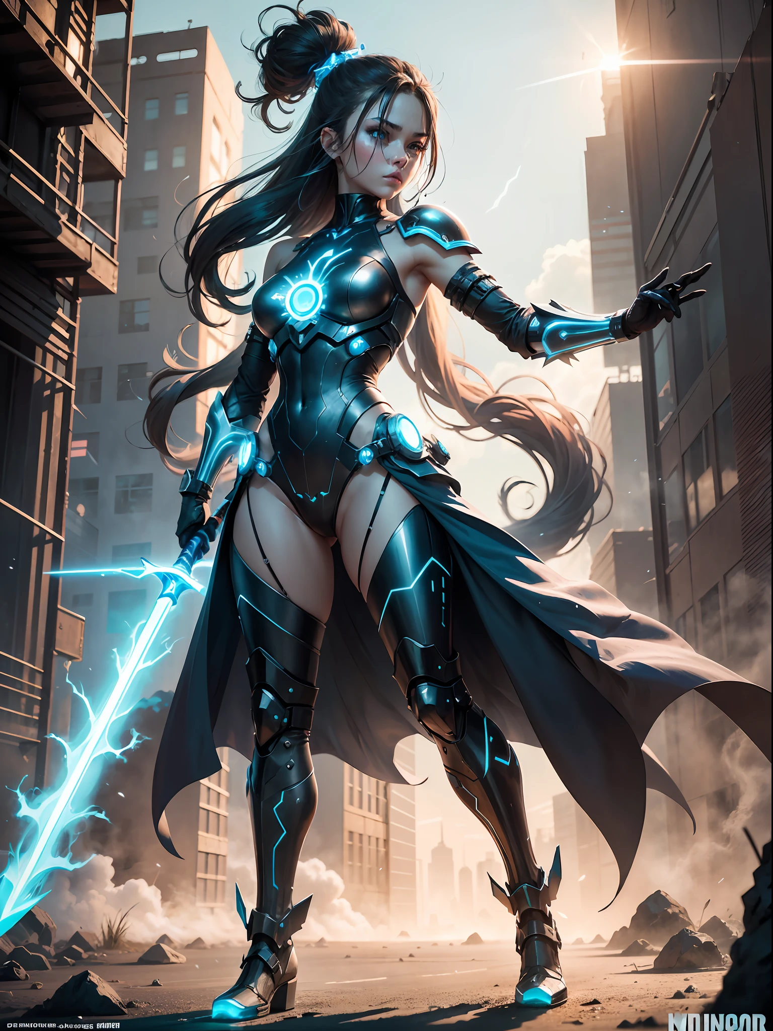 Masterpiece, Best quality, 8k resolution concept art, octane render, bioluminescent, extremely detailed , 8k cg wallpaper,In this image, we see a stunning, futuristic cyborg girl who stands tall and proud, her metallic limbs gleaming in the light. She is dressed in sleek, form-fitting armor, which hugs her curves and emphasizes her powerful physique.

One arm is a smooth, shining metal, while the other is a mechanical marvel of wires, circuits, and pistons. Her fingers end in razor-sharp claws, perfect for gripping weapons or tearing through obstacles.

In her hand, she holds a deadly weapon - a glowing, humming light saber that fills the air with a fierce, crackling energy. The blade is a vivid shade of blue, and it glows with an otherworldly light that illuminates the girl’s face, casting deep shadows across her sharp, angular features.

Her eyes are piercing and unyielding, a bright, electric blue that glows with an inner fire. They are focused intently on an unseen opponent, and her body is tense and ready for battle.

Behind her, we see a futuristic cityscape, all sleek metal and shining glass towers reaching up toward the sky. The air is thick with the hum of engines and the hiss of steam, and the sky above is a deep, inky black that is slowly being illuminated by the girl’s deadly weapon.

This cyborg warrior is a force to be reckoned with - a fierce, powerful, and beautiful marvel of technology and strength. She is ready to take on any challenge and triumph over any foe, her blade shining bright as she charges into battle.
