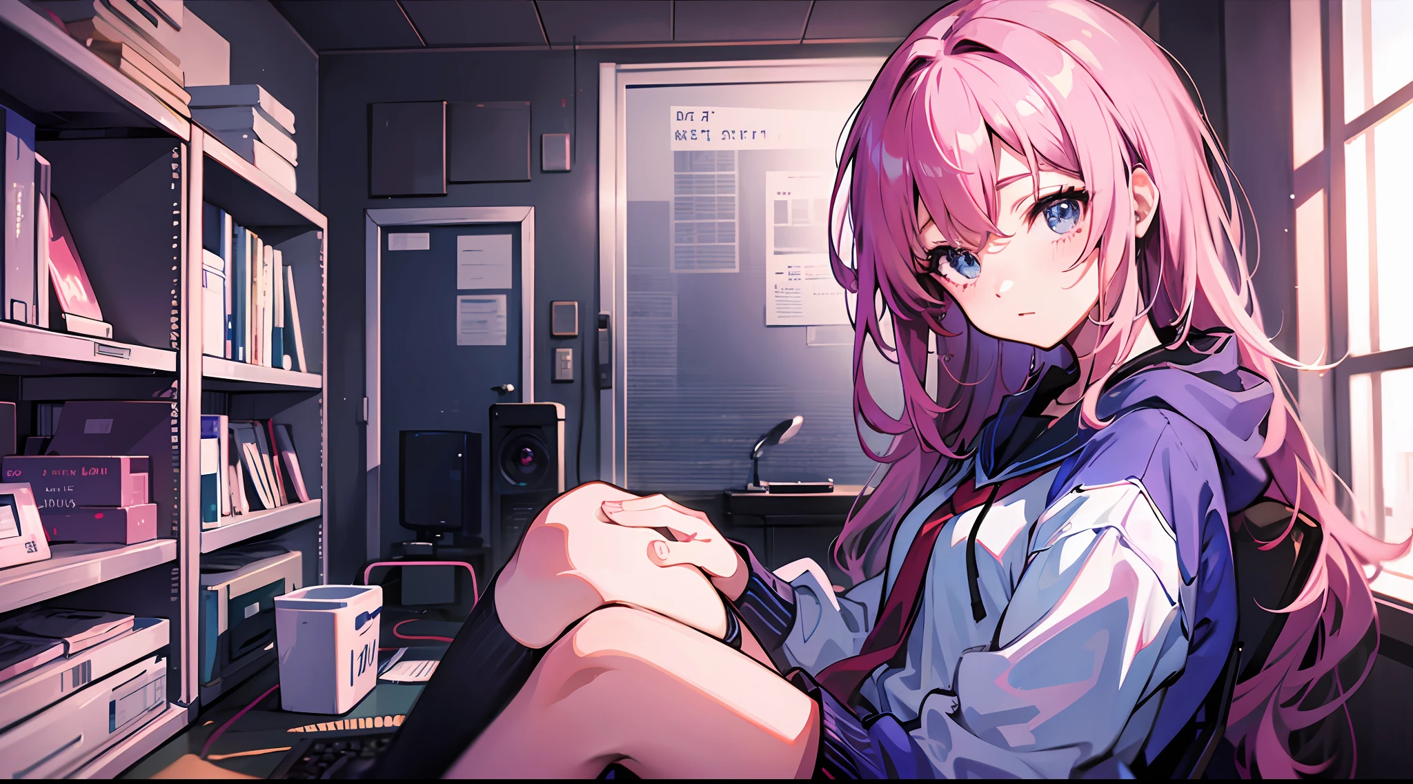 an anime style girl, in a lo-fi room, full hd, cinematic, 4 k and 8 k, --auto --s2