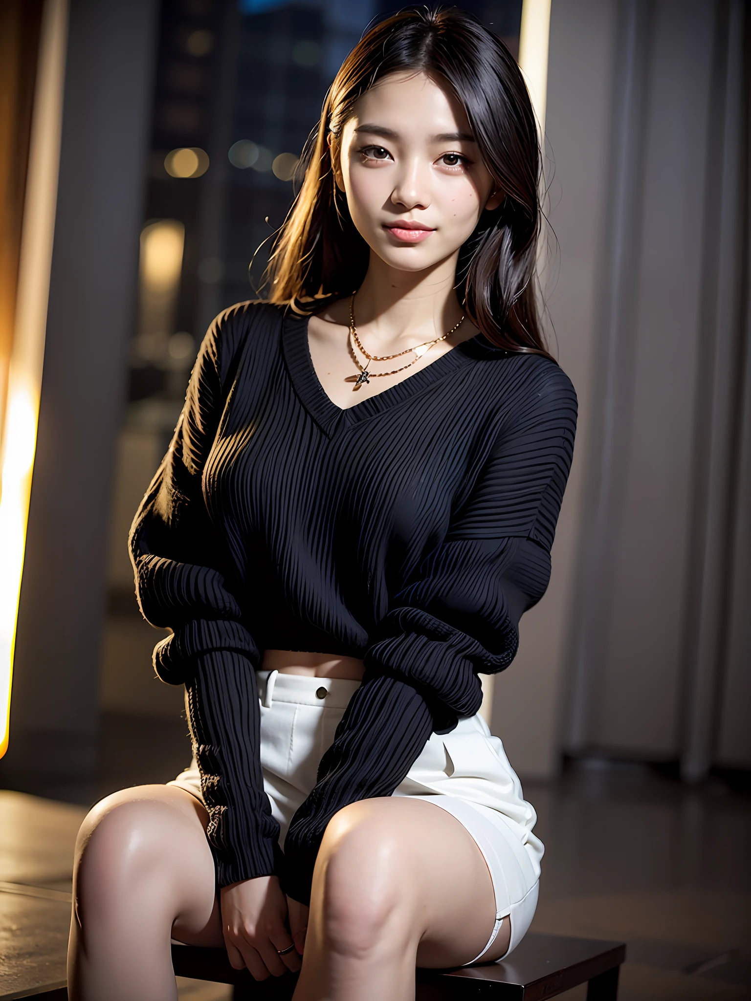 18 year old girl with perfect face and big breasts, right hand touching hair, cute clothes, slim and slender physique. The skin has detailed and highly detailed eyes (1.1 emphasis), very detailed skin texture (1.1 emphasis). slender necklace, model photo style, photorealistic, skin texture is real human skin texture, detailed skin pores, intricate details, eyes very detailed, black knitted sweater: 2, white jumper skirt, from the knee up, attractive sexy chibi, smile, smile, street, standing: 2, loose wave hairstyle: 3, night