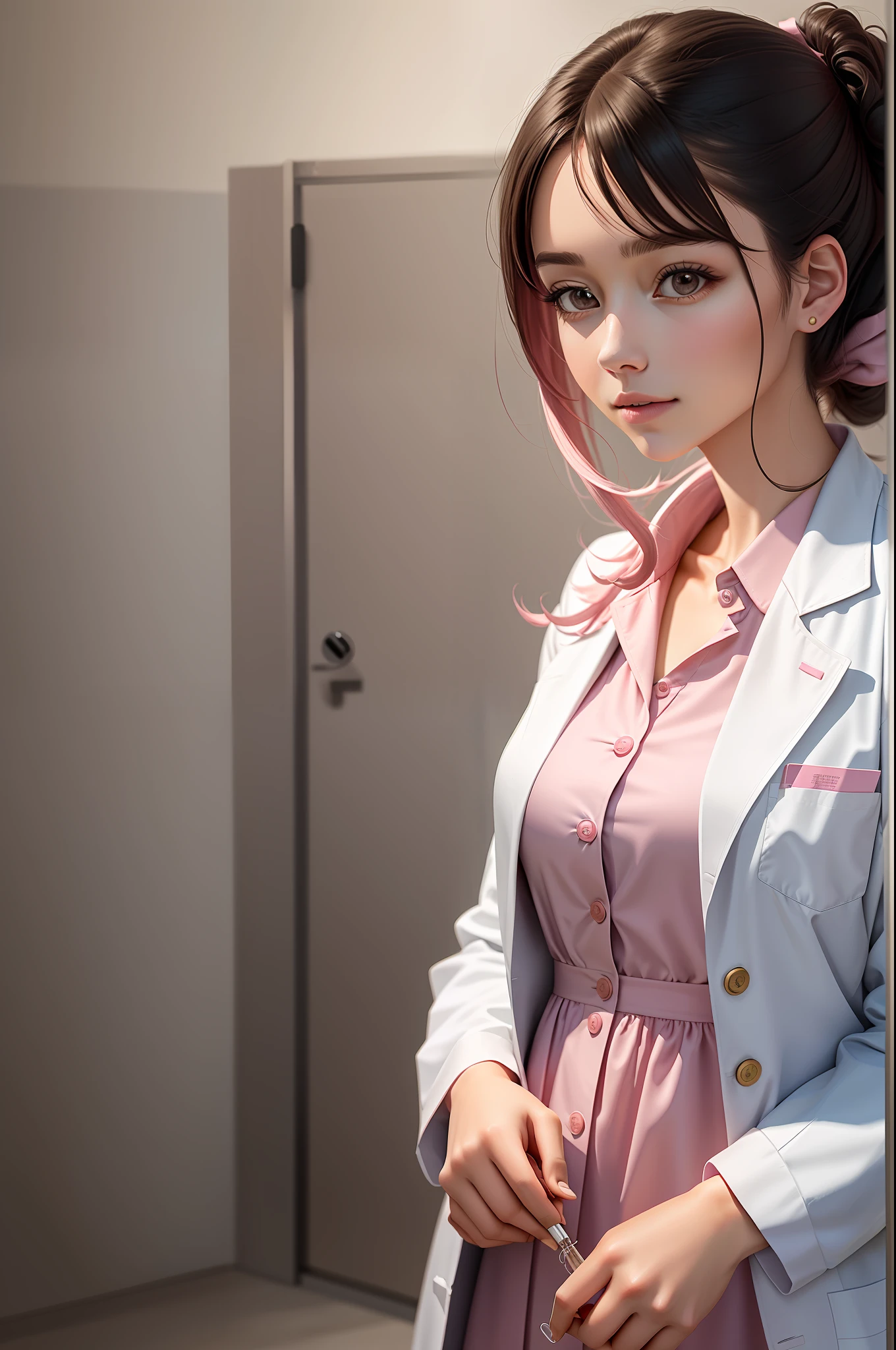 medical girl, lab coat dress with pink details, veterinary, in attendance, attending dog
