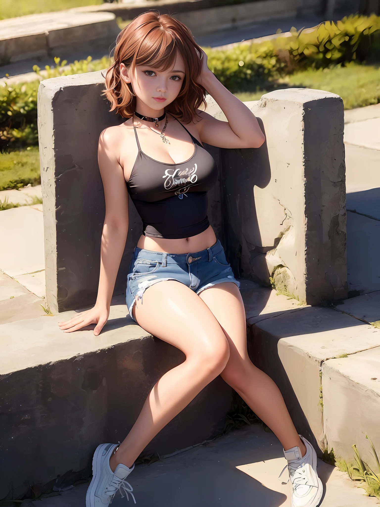 ((Tremendously large breasts))), ((Tomboy, small head)), Sunlight, Nikko, (Chiseled abs: 1.1), (Perfect body: 1.1), (Short wavy hair: 1.2), Reddish brown hair, collar, chain, full body shot, crowded street, black tank top, jeans jacket, (((Shorts)), seaside, beach, (Highly detailed CG 8k wallpaper), ( Very delicate and beautiful), (masterpiece), (Best Quality: 1.0), (Ultra High Definition: 1.0), Beautiful lighting, perfect lightning, realistic shadows, [High Definition], Detailed skin, Ultra detailed