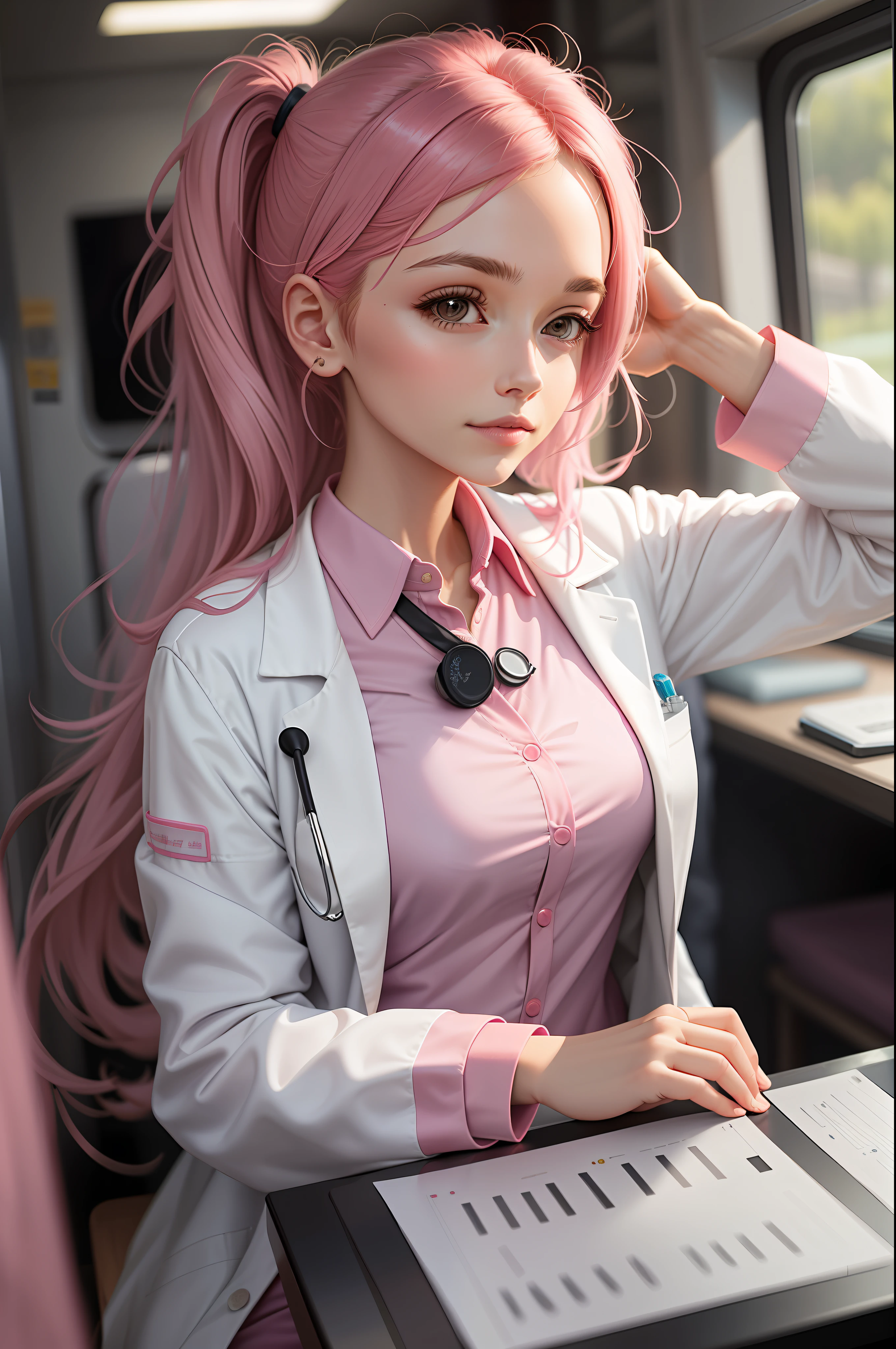 medical girl, lab coat dress with pink details, veterinary, in attendance, attending dog