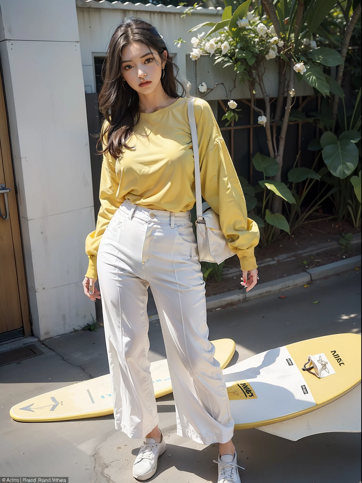 (Female: 1.2), (Large breasts: 1.2), (Mullet head scattered), (Ring finger diamond ring), (Wearing a white tunic), (Slacks), (Yellow board shoes), (Spring clothes), (Long legs), Sideways, Buttocks, Full Body, Masterpiece, Realism