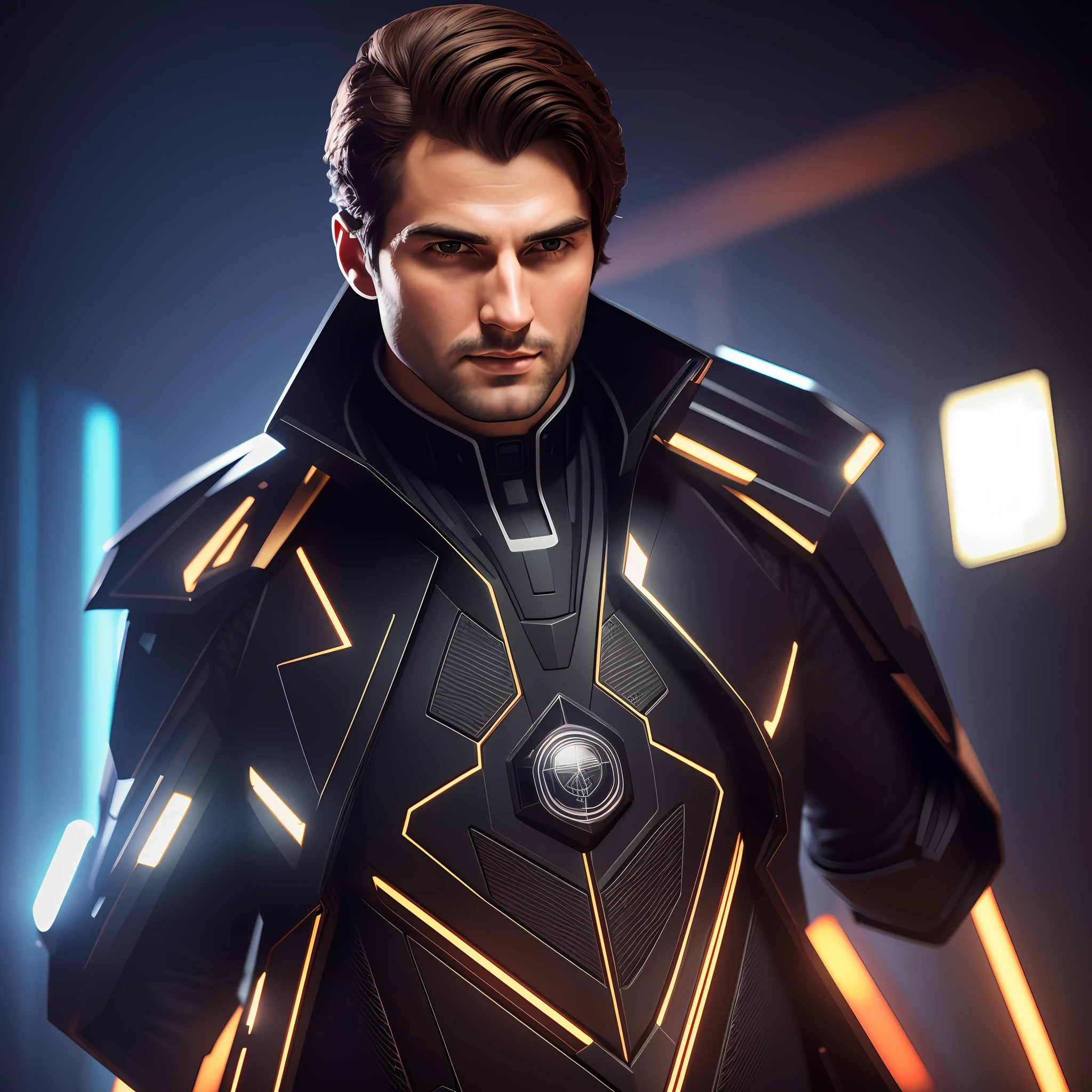 Front portrait of a 30-year-old man, haughty, stern, handsome, wearing futuristic imperial costume, in a bright, opulent ballroom, 18mm f/1.4 lens, with vibrant colors, 4k, cinematic lighting, natural lighting, vibrant multicolored lighting, film grain, cinematic lighting, high detail, photoreal, photorealistic, volumetric lighting and shading --auto --s2