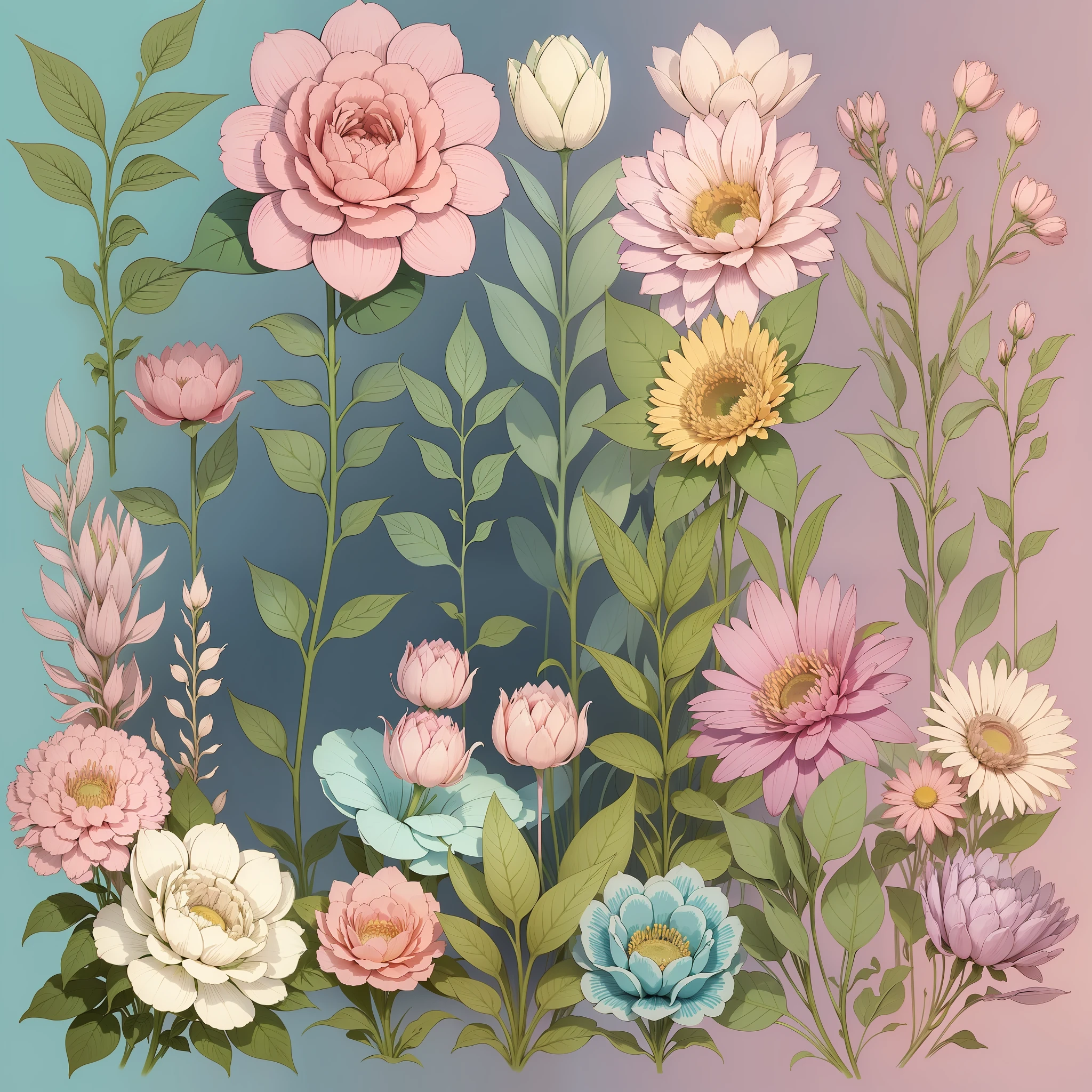 Set pattern of large flowers with plants and vines, defined shape, flat style, vector style, drawing style, naïve style, wallpaper style, in soft pastel colors such as old pink, pastel blue, pastel light blue, light blue, beige, pastel violet, pastel yellow and white. No shadows in the images.