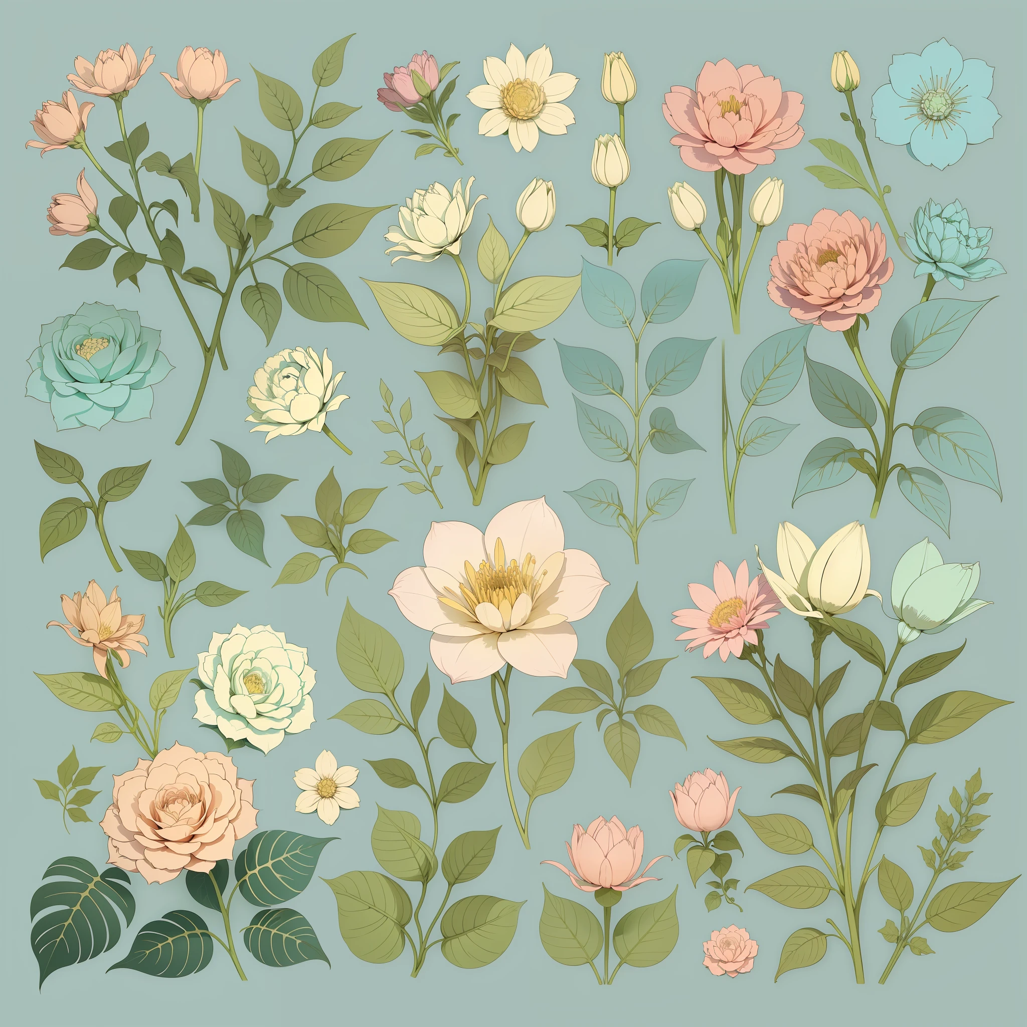 Set pattern of large flowers with plants and vines, defined shape, flat style, vector style, drawing style, naïve style, wallpaper style, in soft pastel colors such as old pink, pastel blue, pastel light blue, light blue, beige, pastel violet, pastel yellow and white. No shadows in the images.